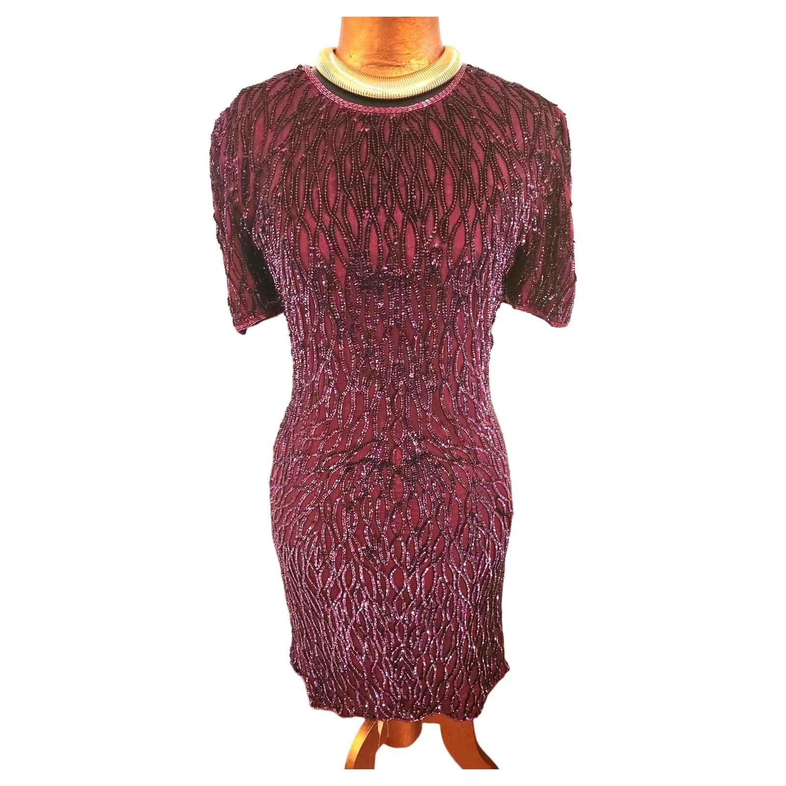 Vintage 1980s Sweelo Beaded Sequin Burgundy Purple Silk Short Sleeve Dress Sz 8