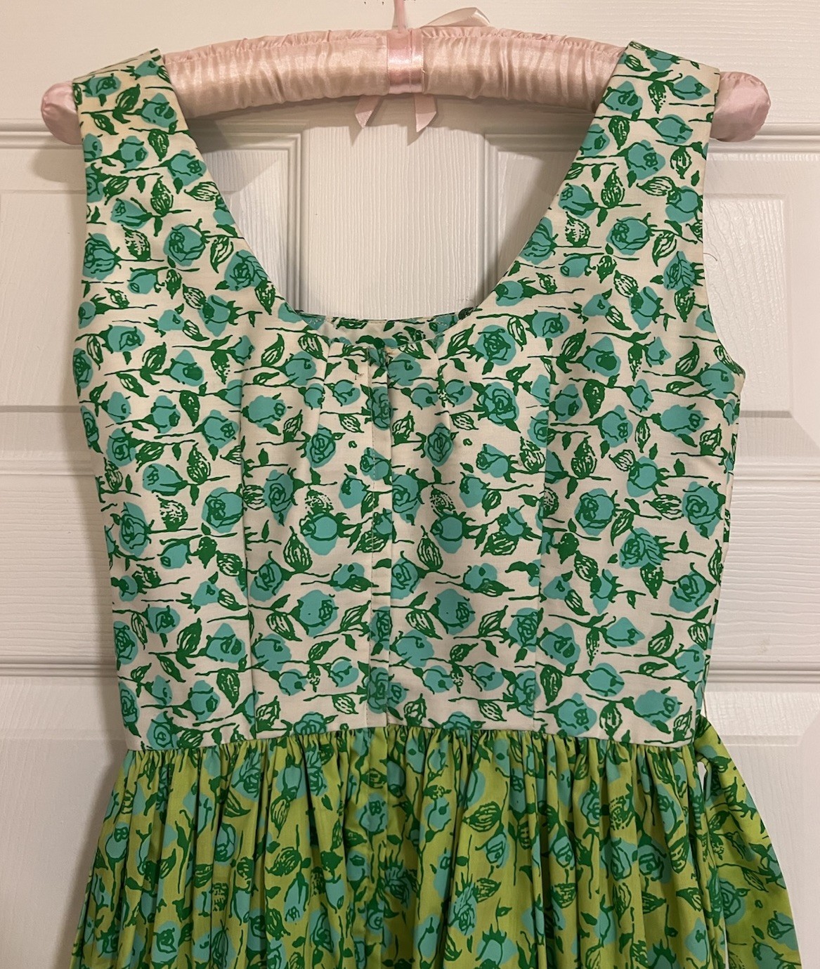 Vintage 1960s Lilly Pulitzer Dress Blue & Green Florals Rickrack Trim Tie Back