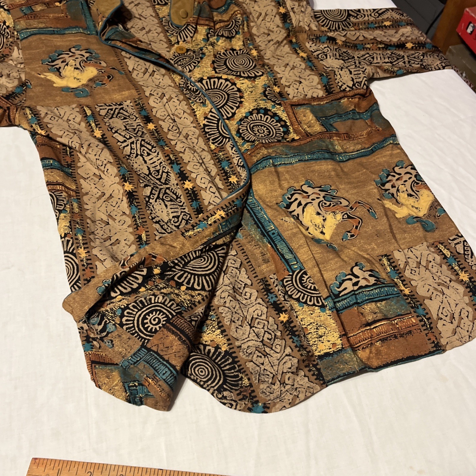 Vintage Tobria Abstract Print Rayon Button Up Blouse Shoulder Pads Size 8 USA