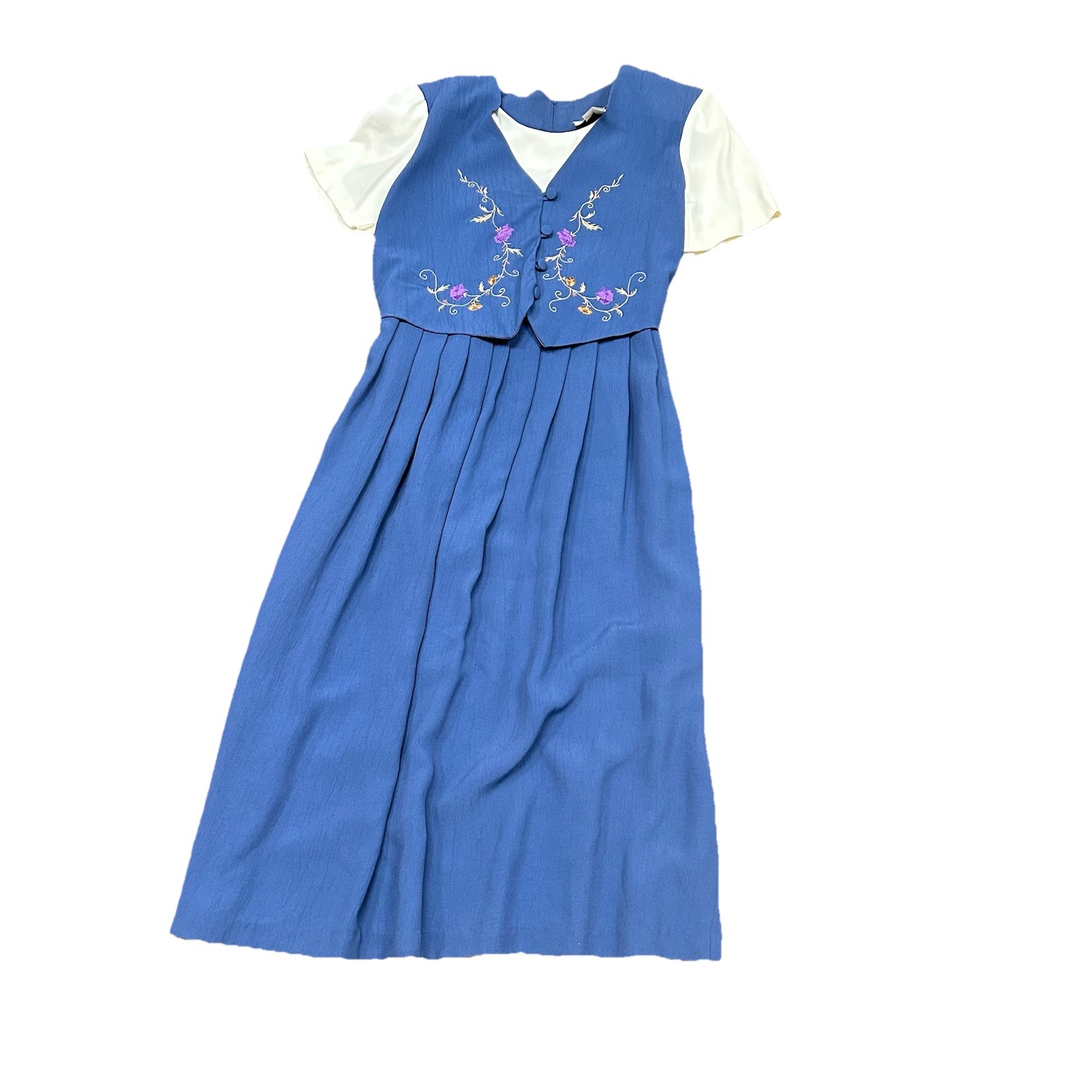 Vintage Allison Che Women’s Dress Size 8P Prairie Cottage Granny Blue Vest #1418