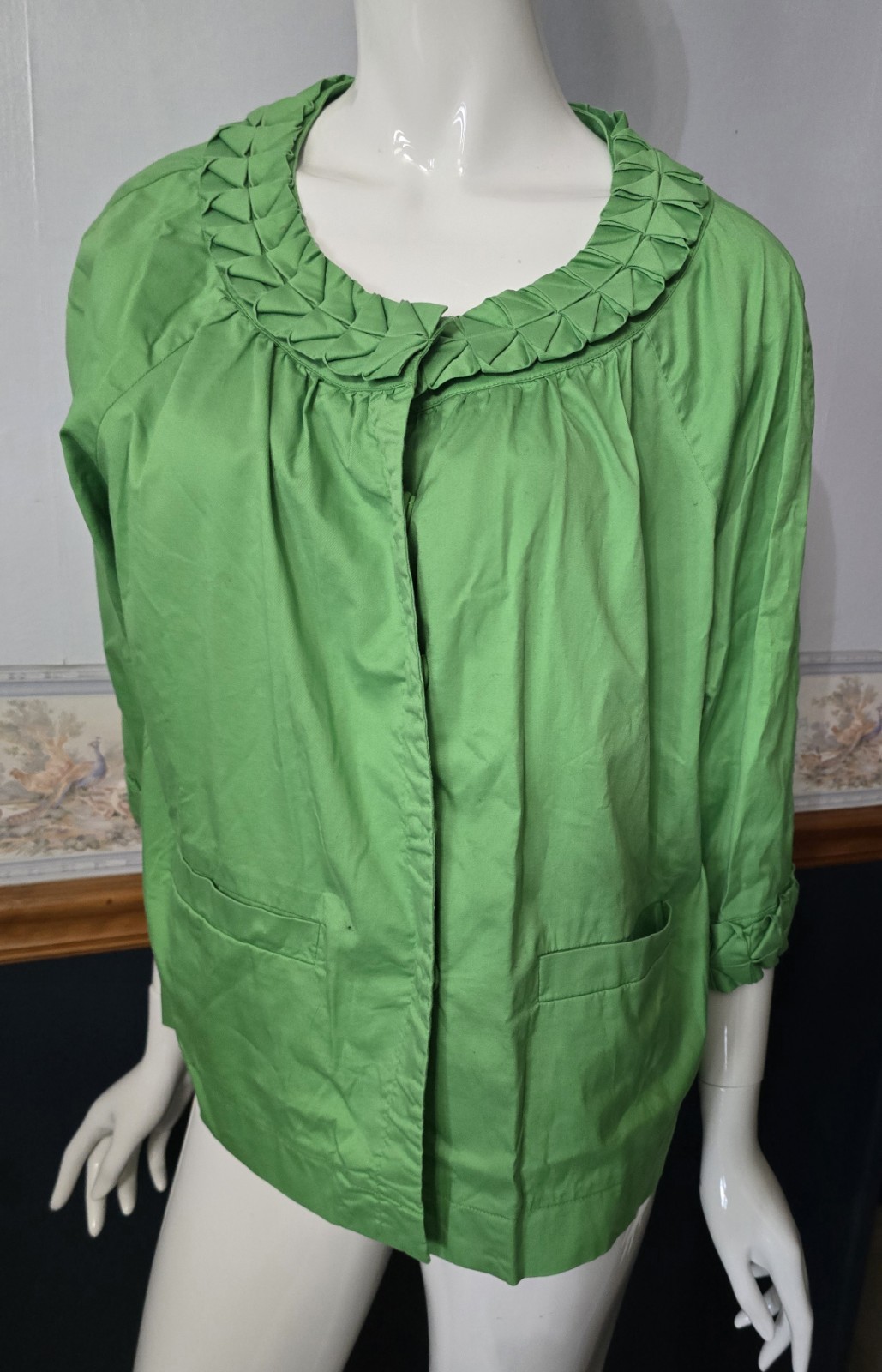 SIMPLY Chloe Dao Green Pleated Collar Jacket 1X Plus Size Cotton Stretch