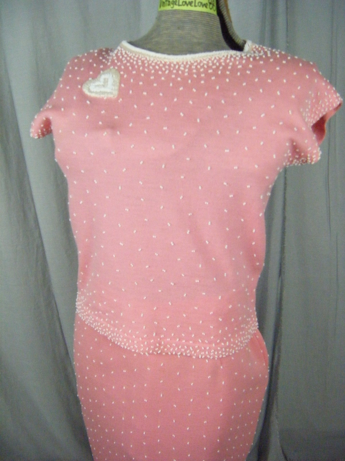 MISS BOUTIQUE CALIFORNIA Vtg 60s Pink Wool Beaded 3 pcs Skirt-Bust 34/Waist 27
