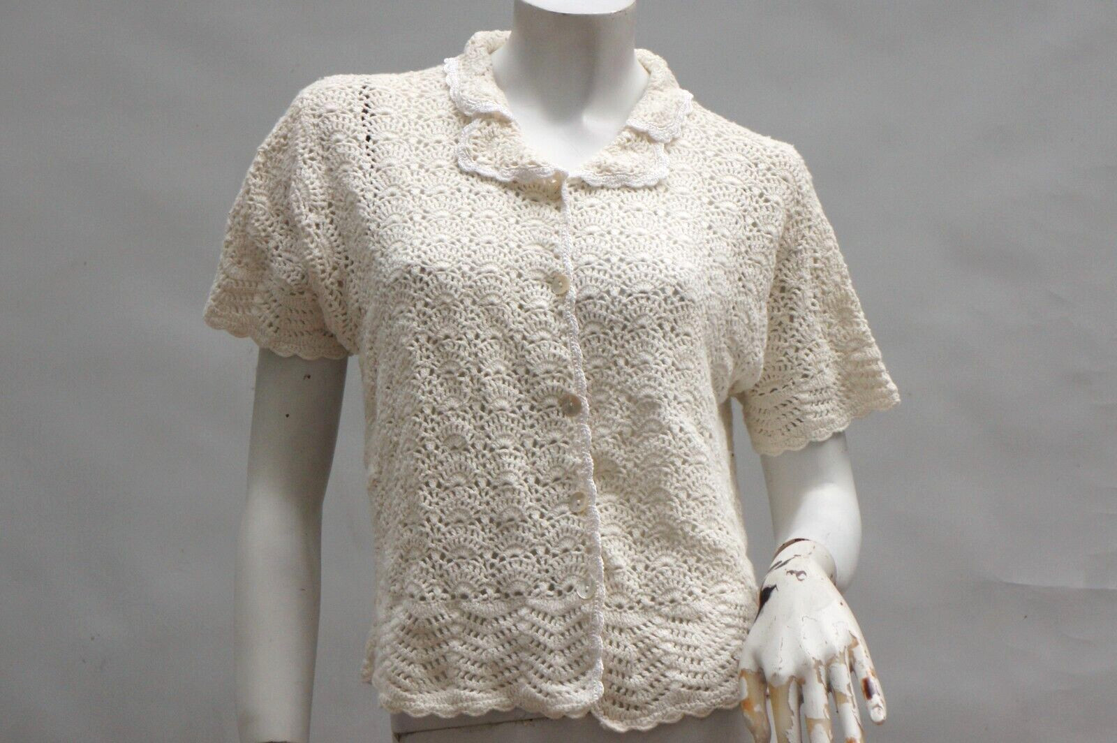 Vintage Jantzen Crochet Cardigan Sweater Open Knit Lace Mother of Pearl Buttons