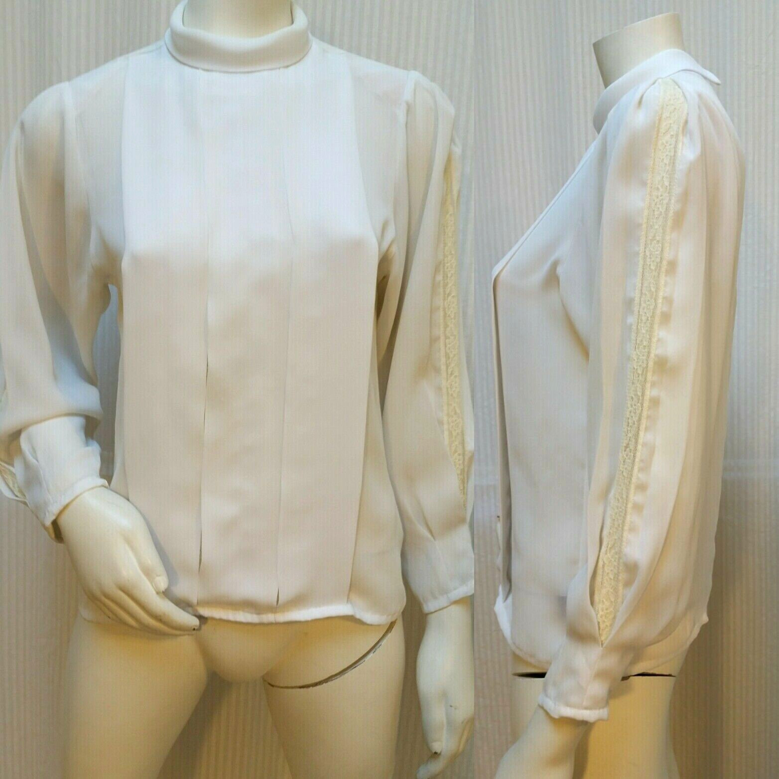 Vintage STUDIO B New York White Pleated Lace Inset BLOUSE Top – Size S/M – EUC