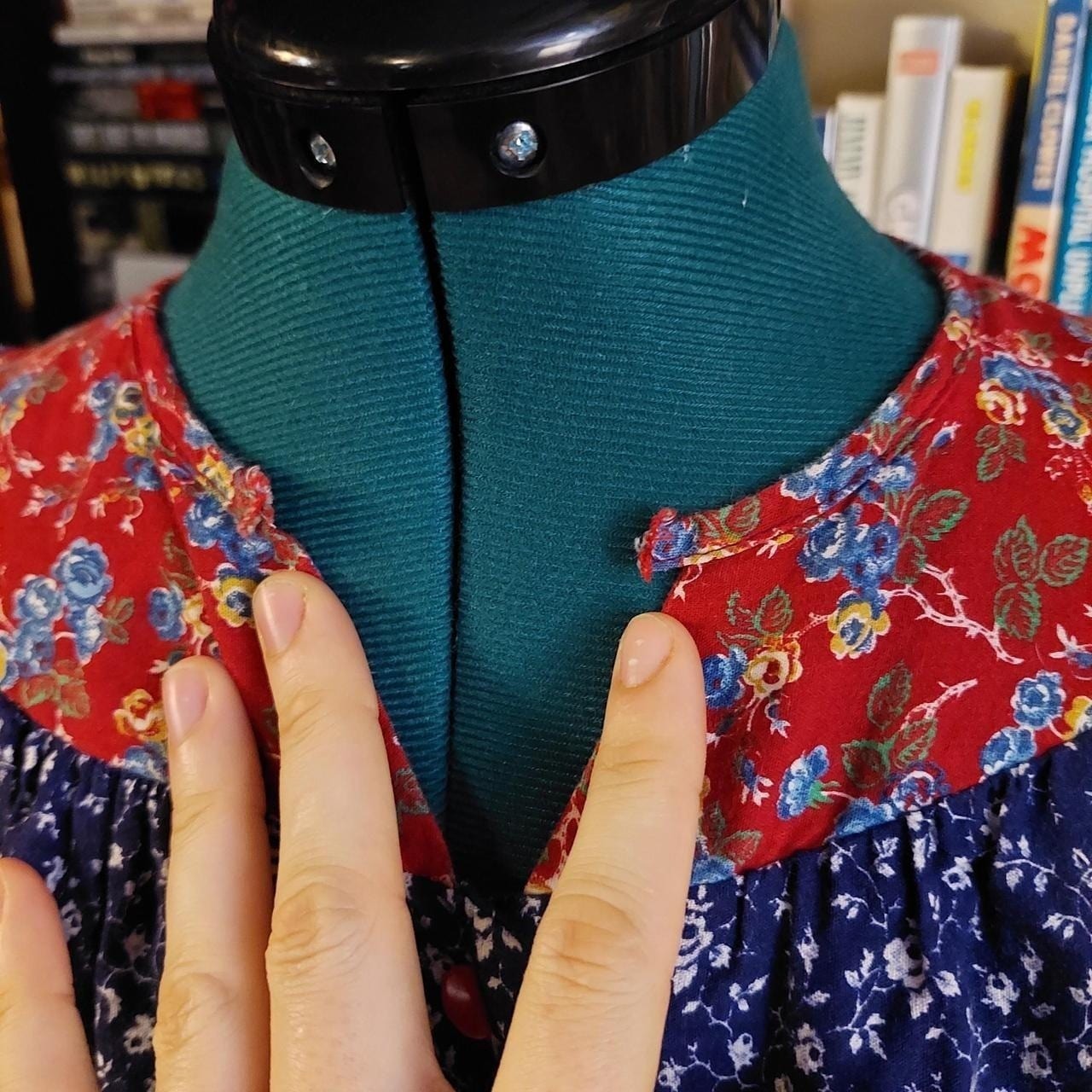 Vintage red and navy floral house midi dress.