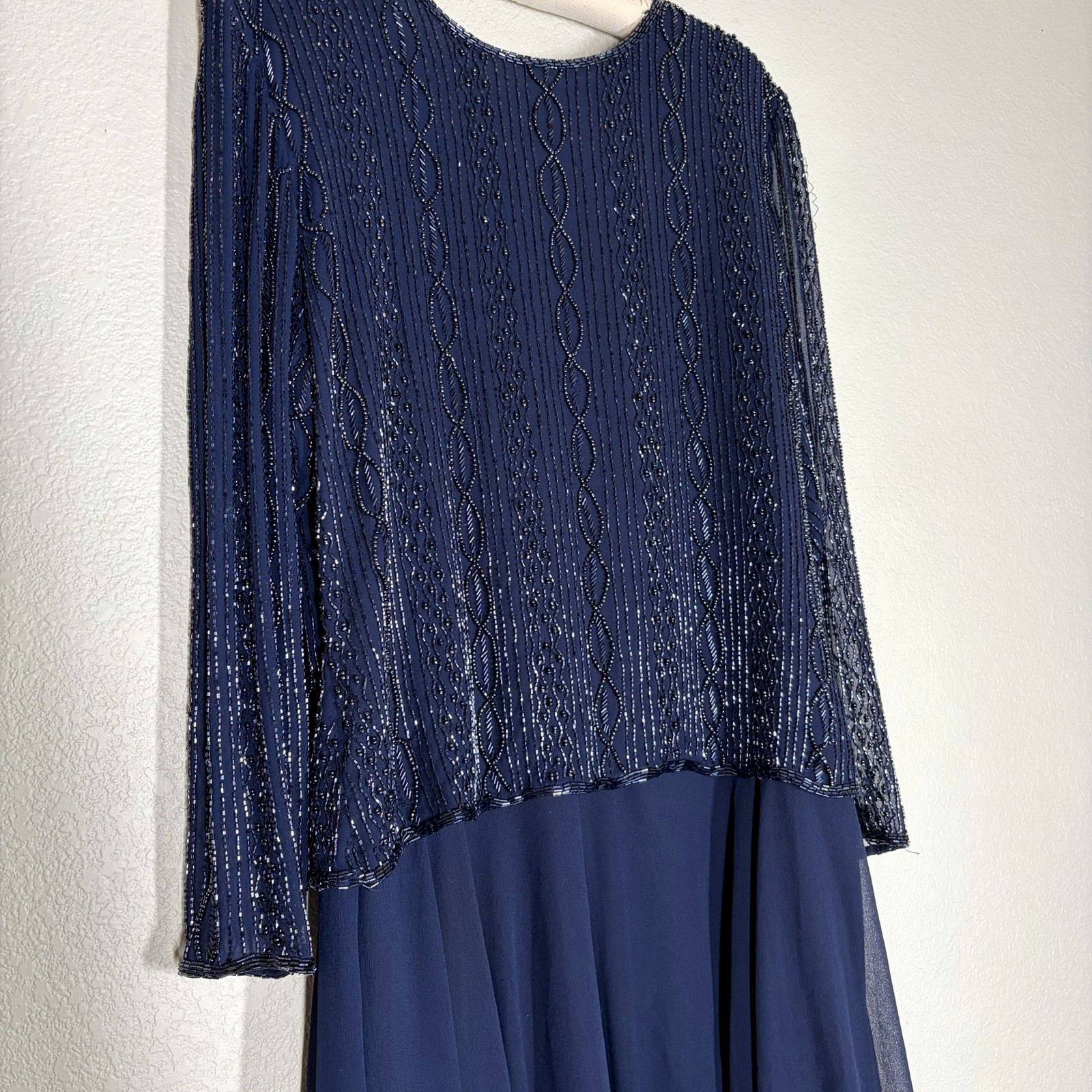 Vintage Brilliante by J.A. Navy Blue Beaded Gown Long Sleeve India MOB Large