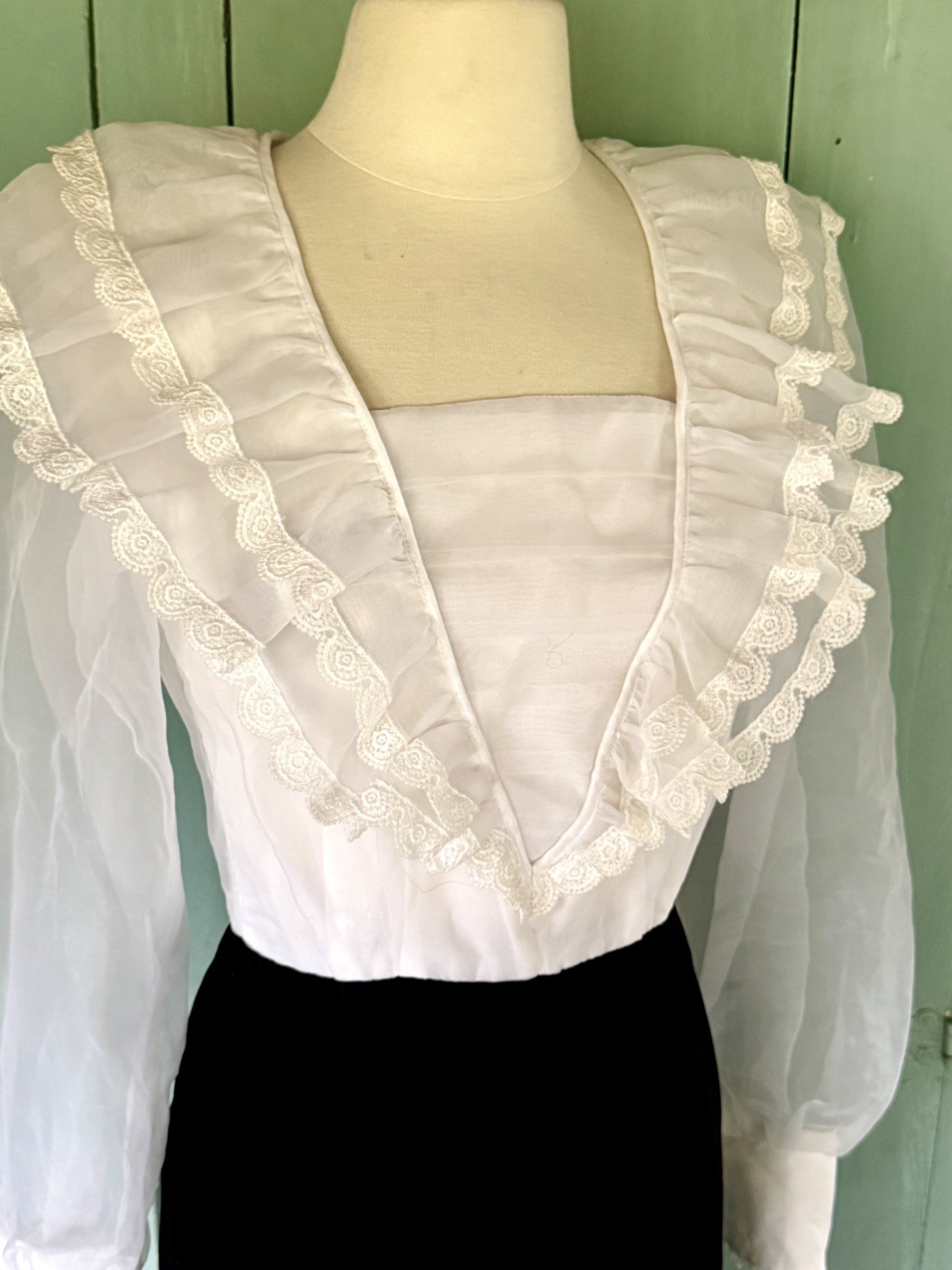 VTG Black Velvet White Organza Dress Straight Skirt Puff Slv Sailor Ruffle 7-8
