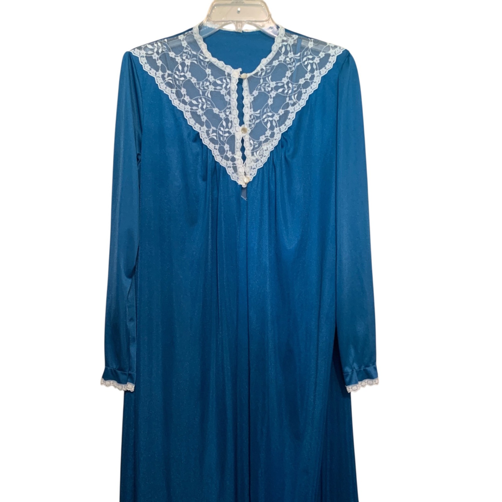 Vintage Stardust Long Teal Nightgown & Robe Set Lace Trim Modest 100% Nylon Sz M