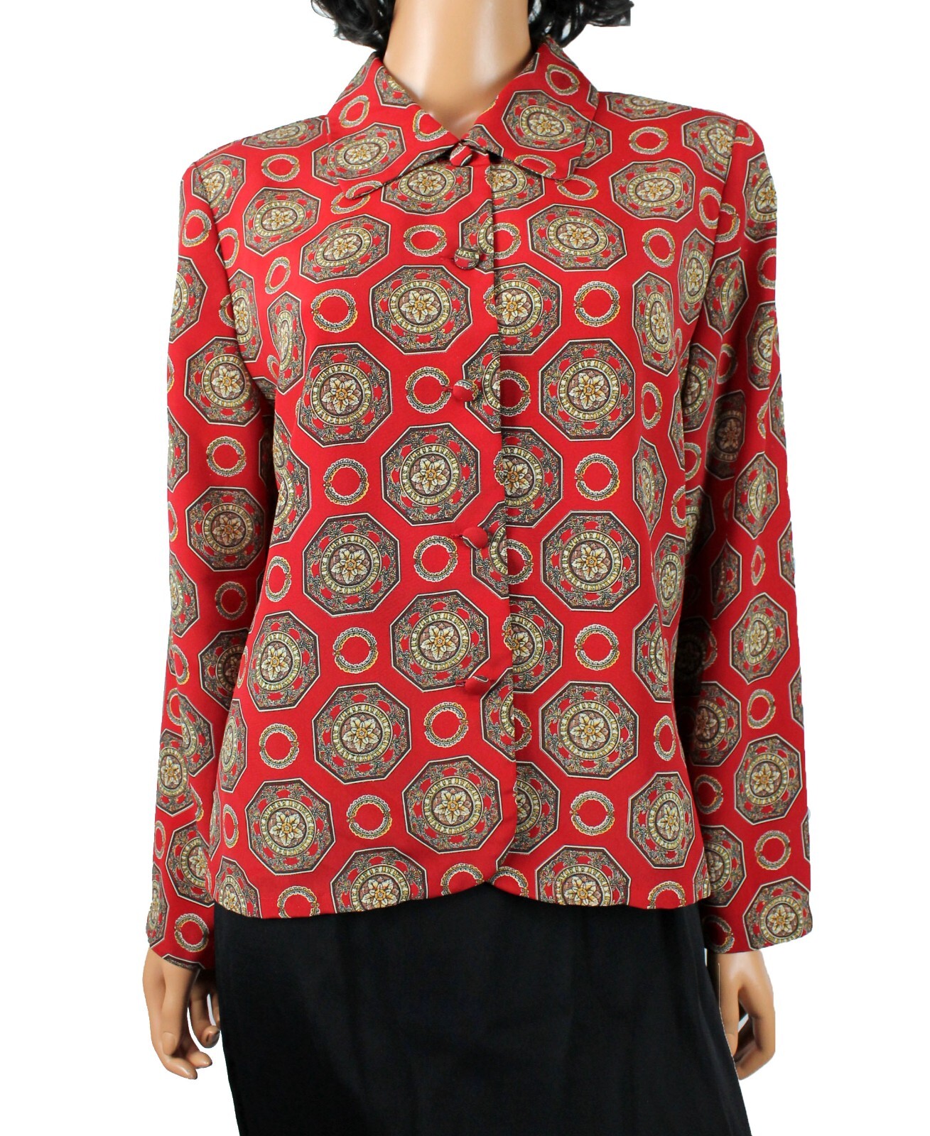 Vintage Secretary Blouse Sz 12 L Christie & Jill Red Brown Geometric Dress Shirt