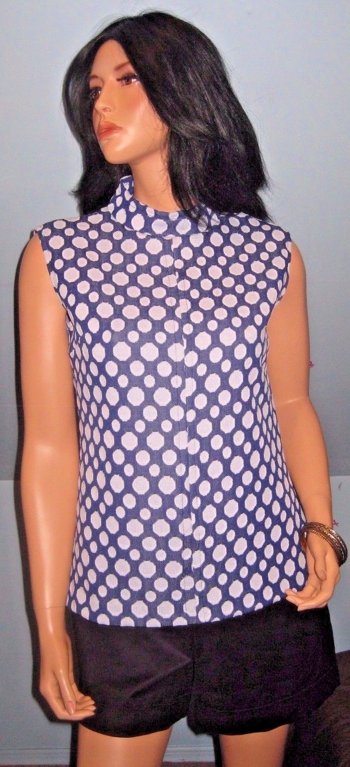 Vintage~Blue~White~Polka Dots~Blouse~Side split~back Zipper~Size L/XL!
