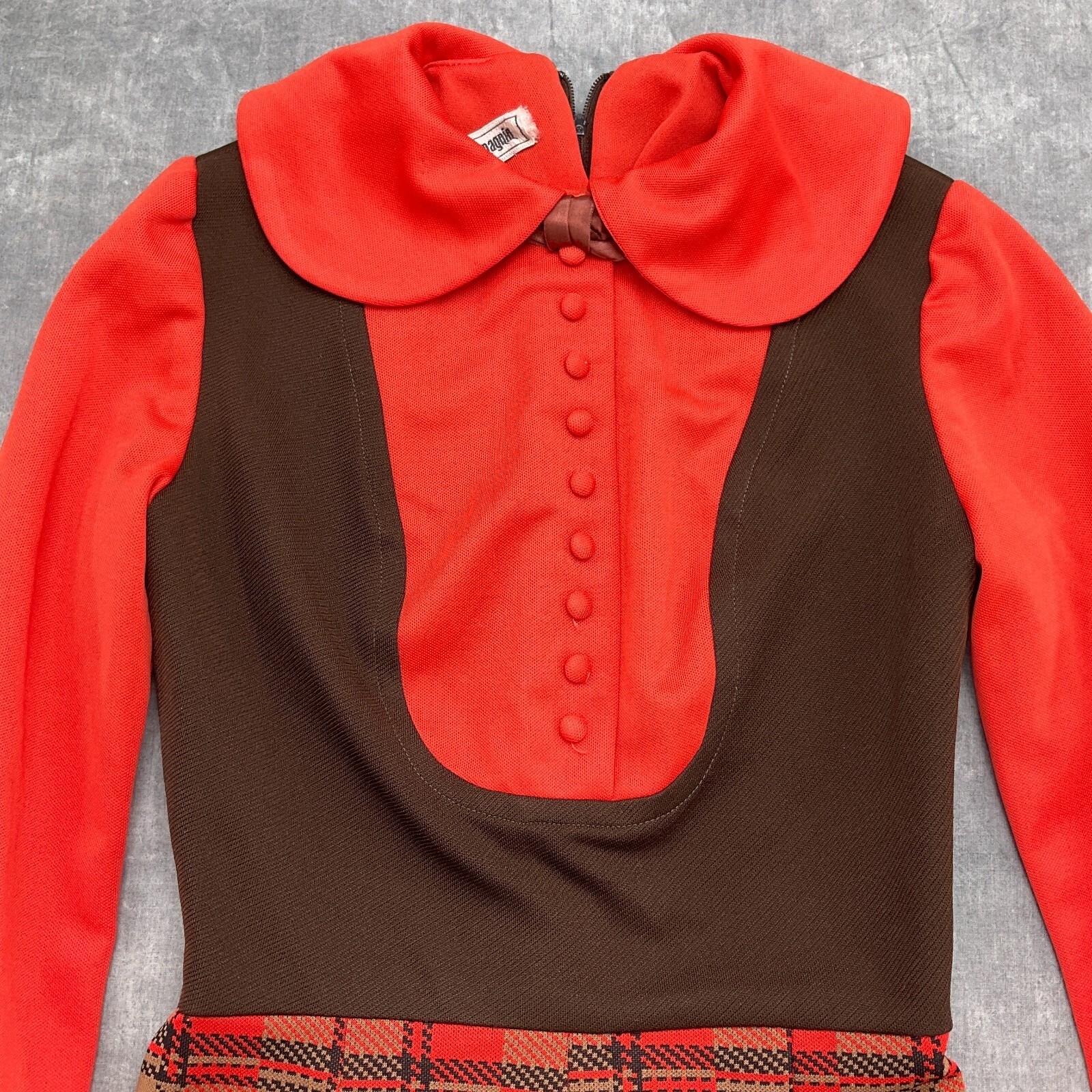 Joseph Magnin Dress Women XSmall Orange Brown Plaid 60 70s Student Secretary VTG