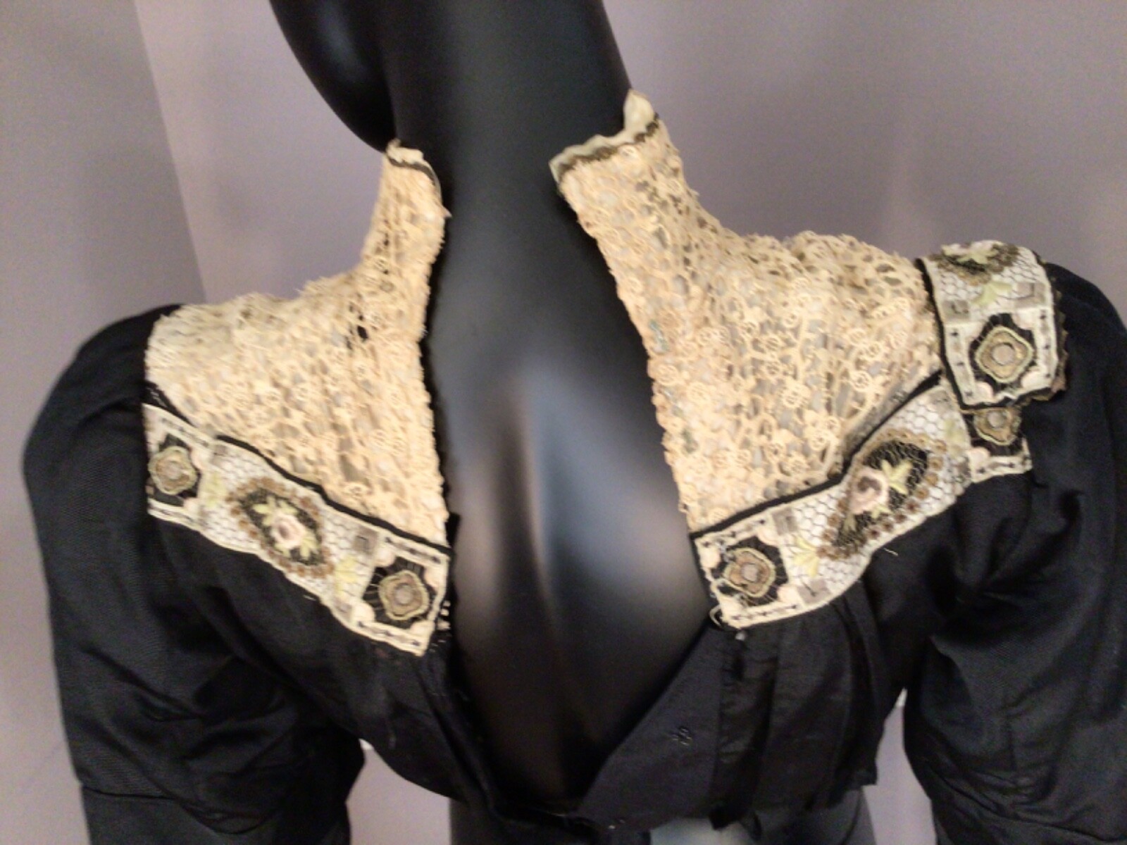 Authentic Vintage Black Silk Faille Gibson Girl Era Bodice (E-12)