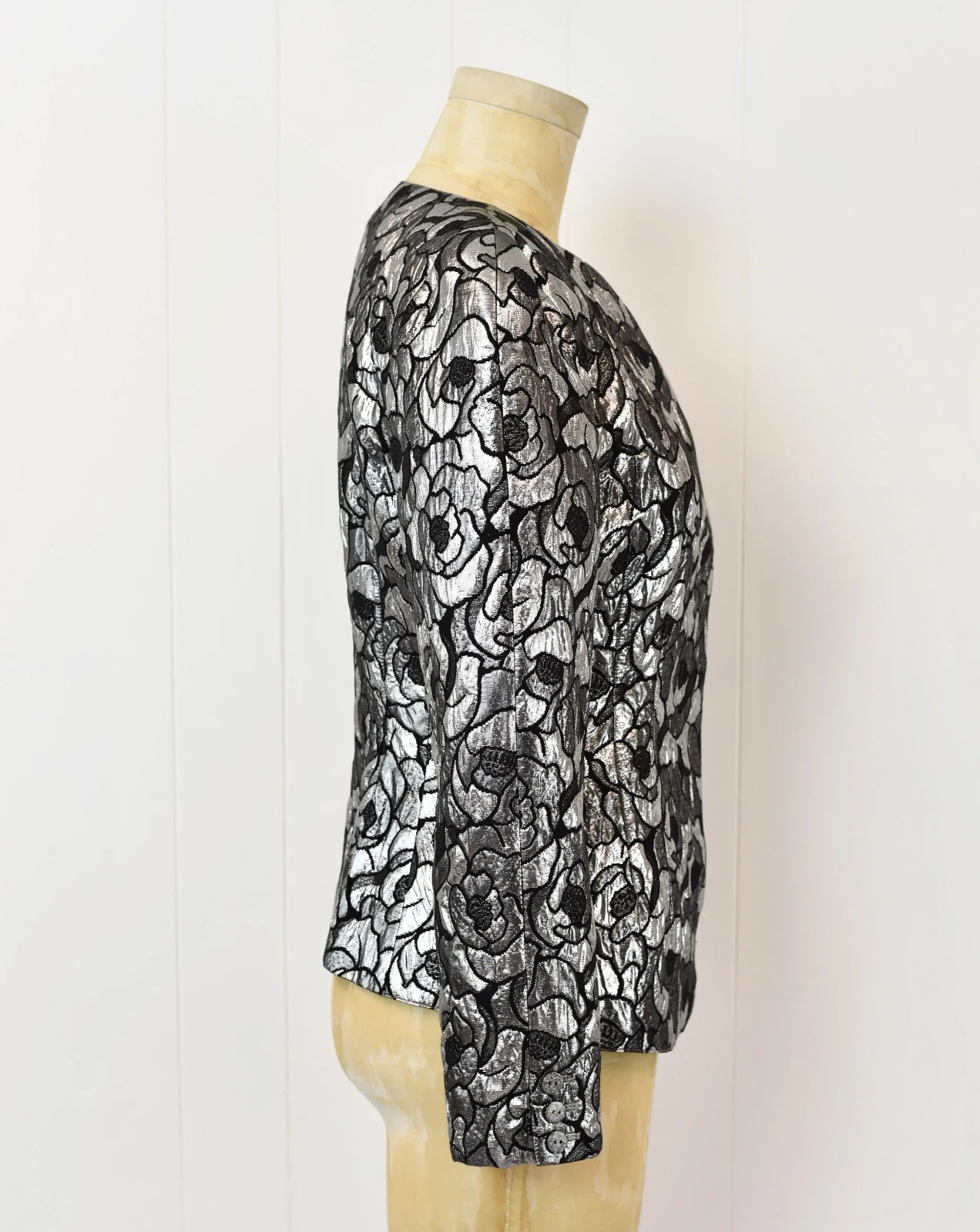 Vintage 1980s Krizia Metallic Silver Black Floral Lurex Blend Jacket Blazer