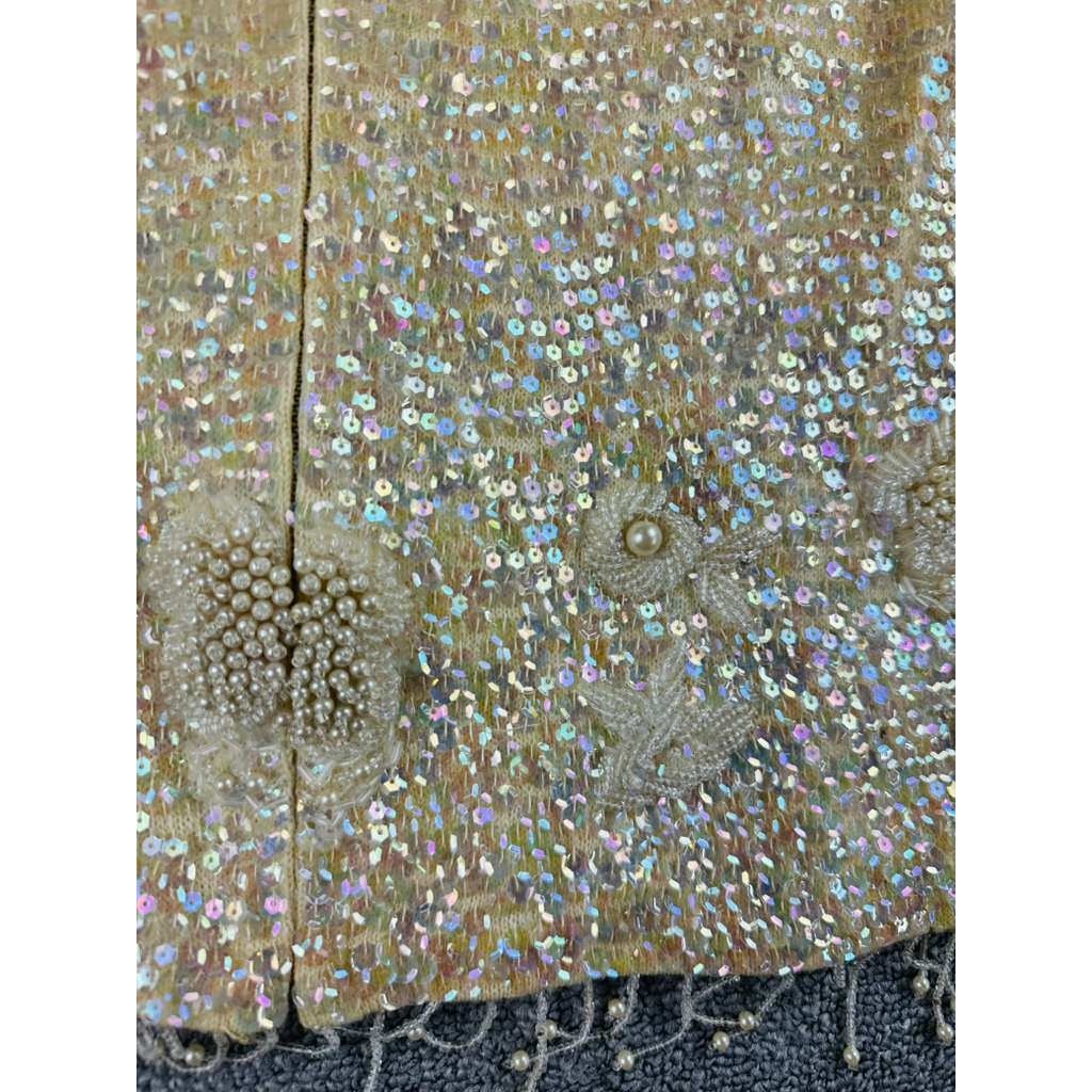 Vintage Hand Full Fashioned Top Women S Beige Beaded Floral Virgin Wool HongKong