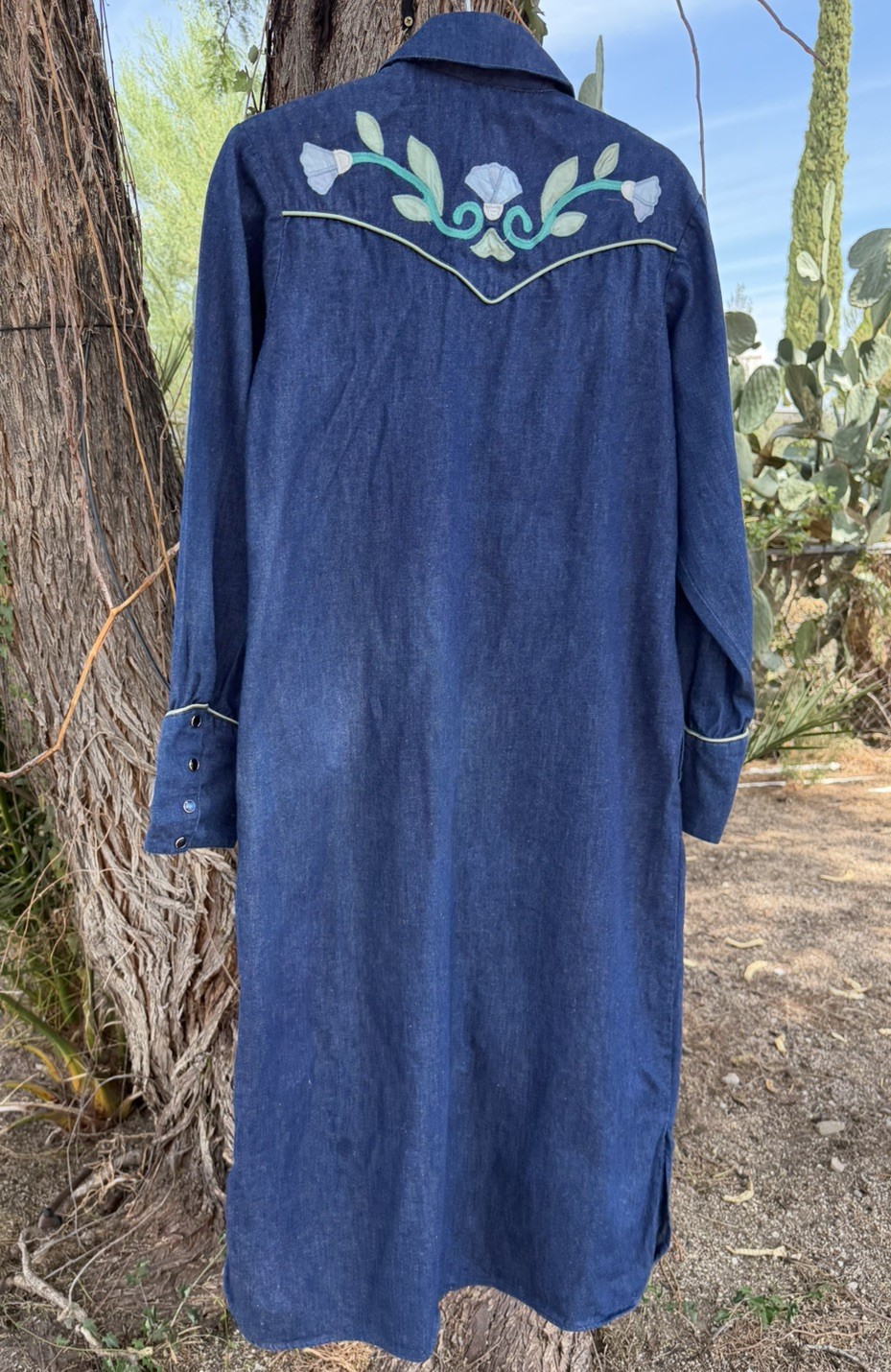 Vtg 70s Salaminder Kansas City Western Dress RARE Pearl Snap Flowers Blue Denim
