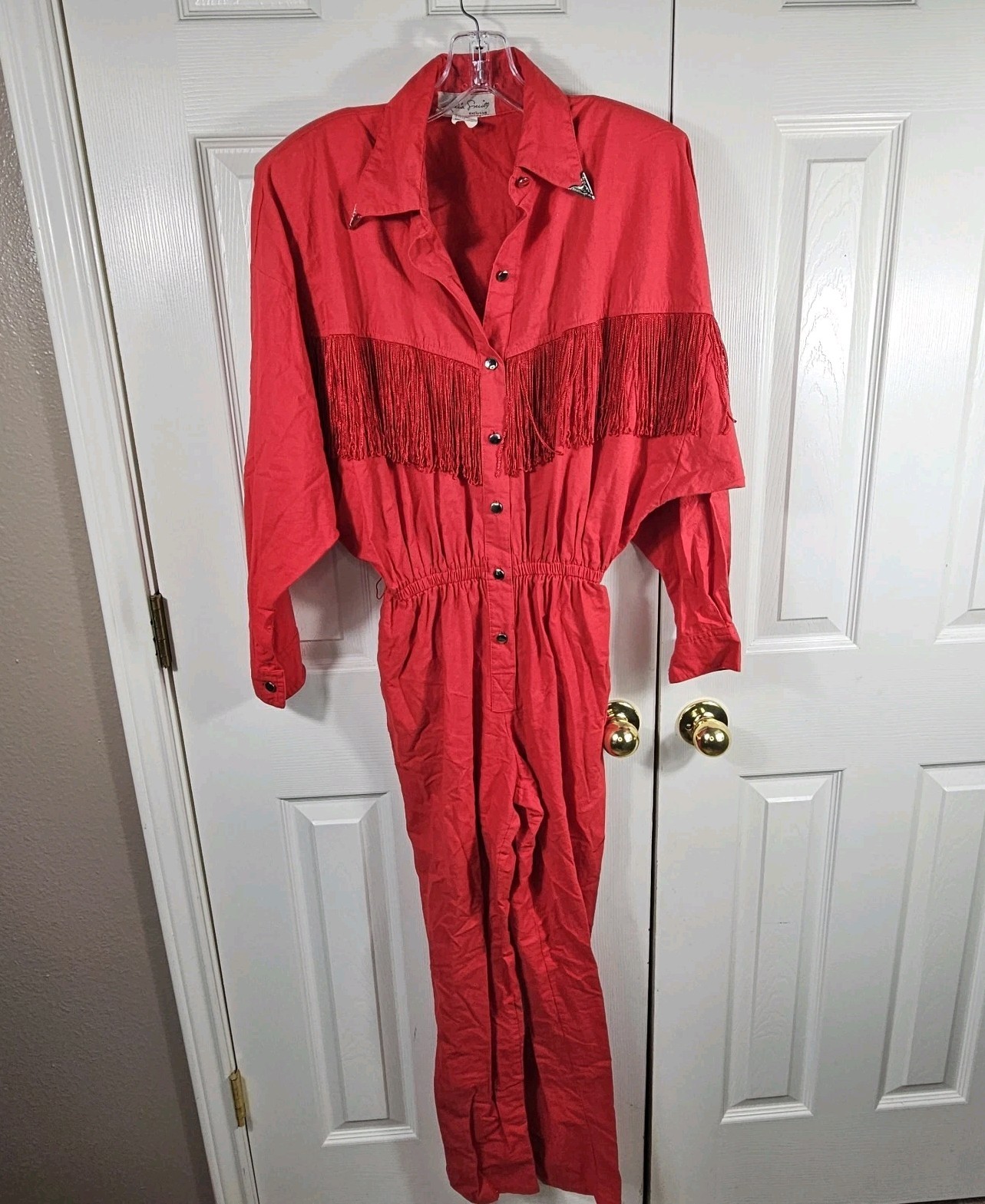 Vtg 80s Red Western Jumpsuit Small Fringe Silverpoint Collar Rockabilly Costume