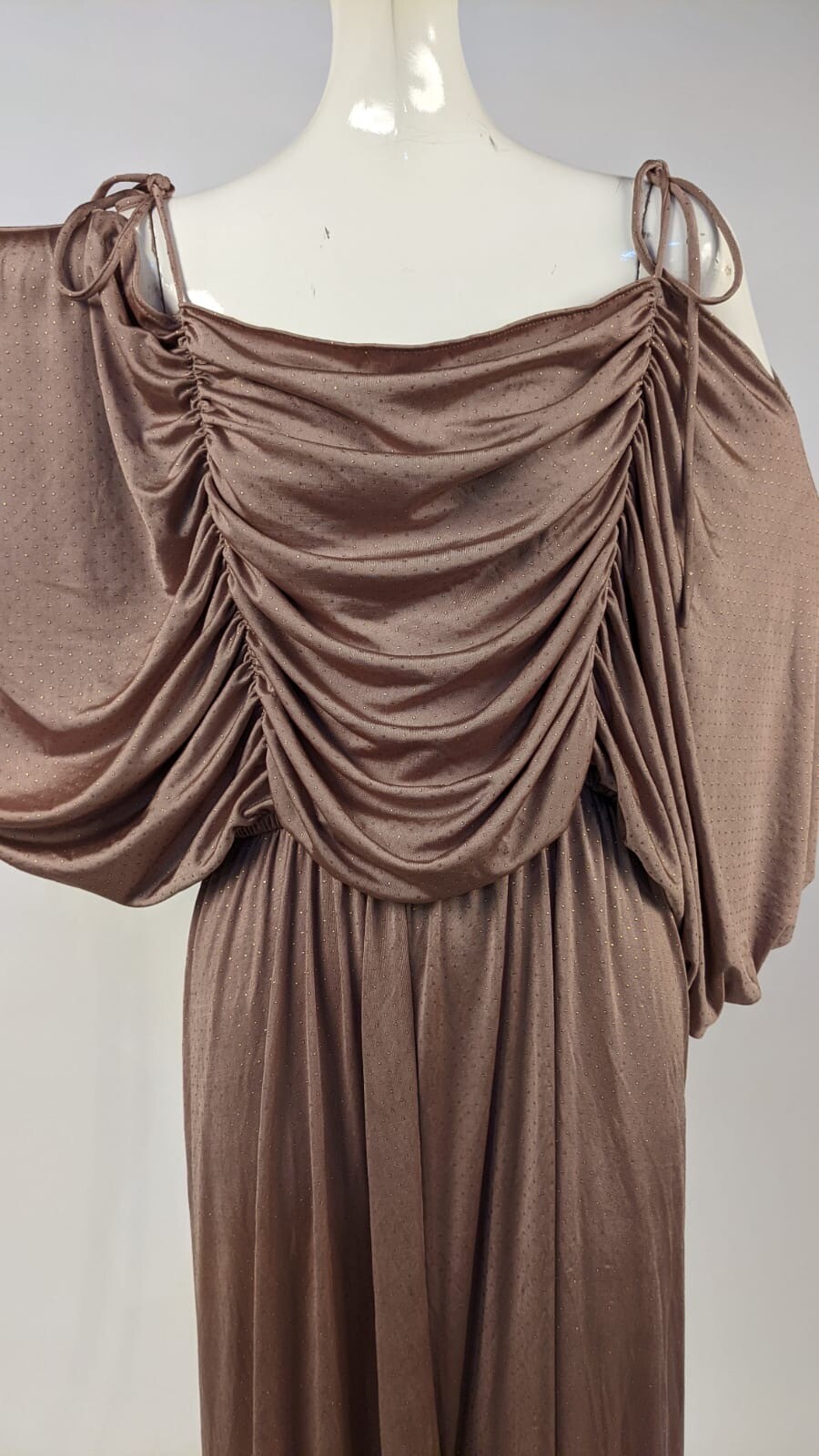 VINTAGE DRAPED METALLIC DOT RAYON LONG DRESS W MASSIVE PUFF SLEEVES 