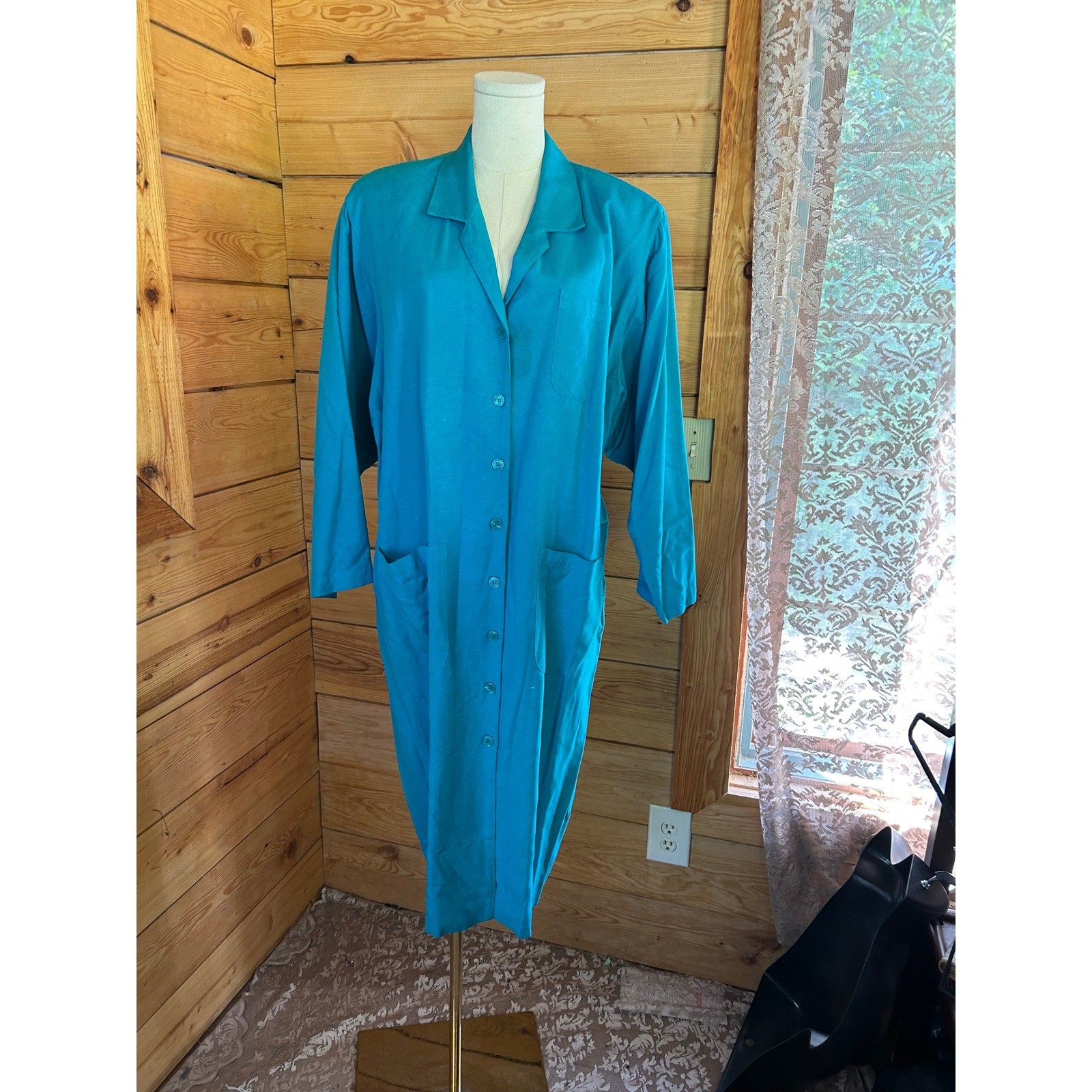 Vintage Silk Shirt Dress Women Size 14 Turquoise Teal Blue Midi Michel Laurent
