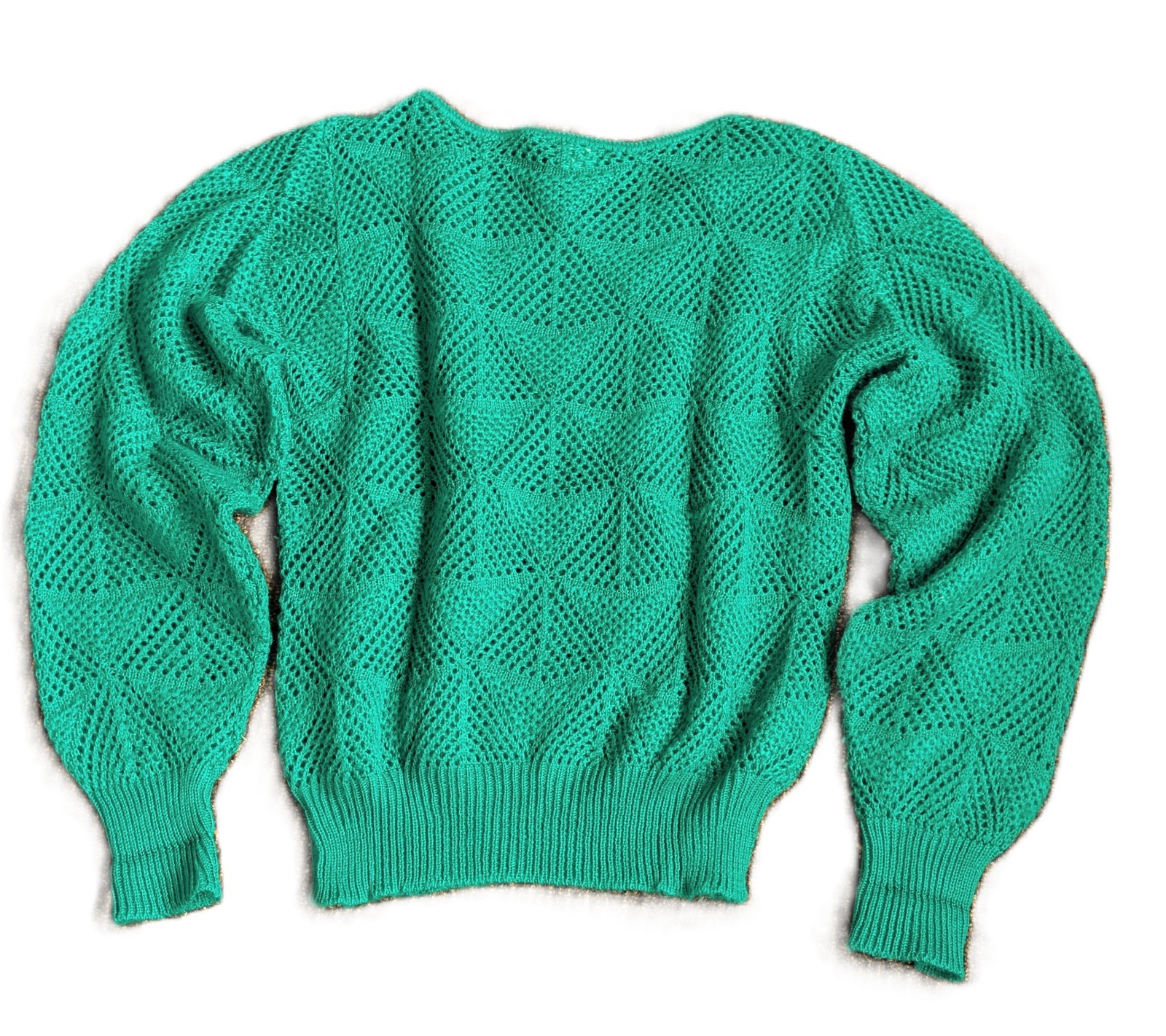 VTG Green S/M Green 2pc Set Skirt Eyelet Crochet Knit Sweater French Acrylic EUC