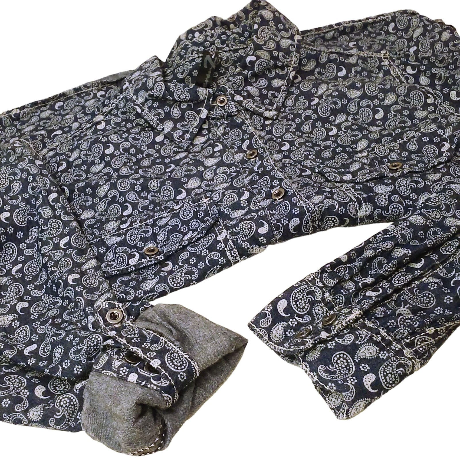Seven7 Luxe Top Shirt Plus(18/20) Paisley Chambray Cotton Pockets Button-up Navy