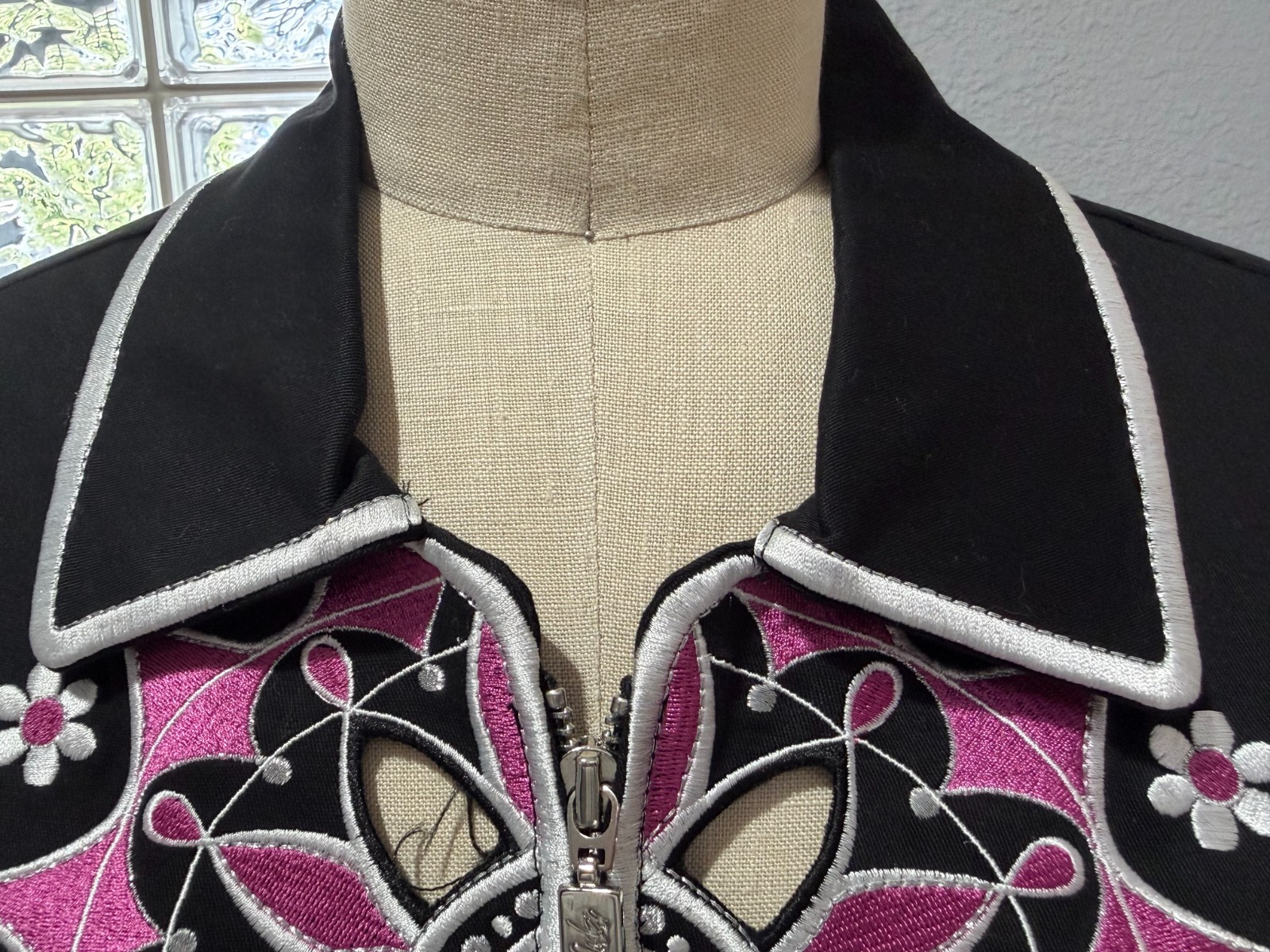 Bob Mackie Wearable Art Black floral Embroidered Cut Out Jacket
