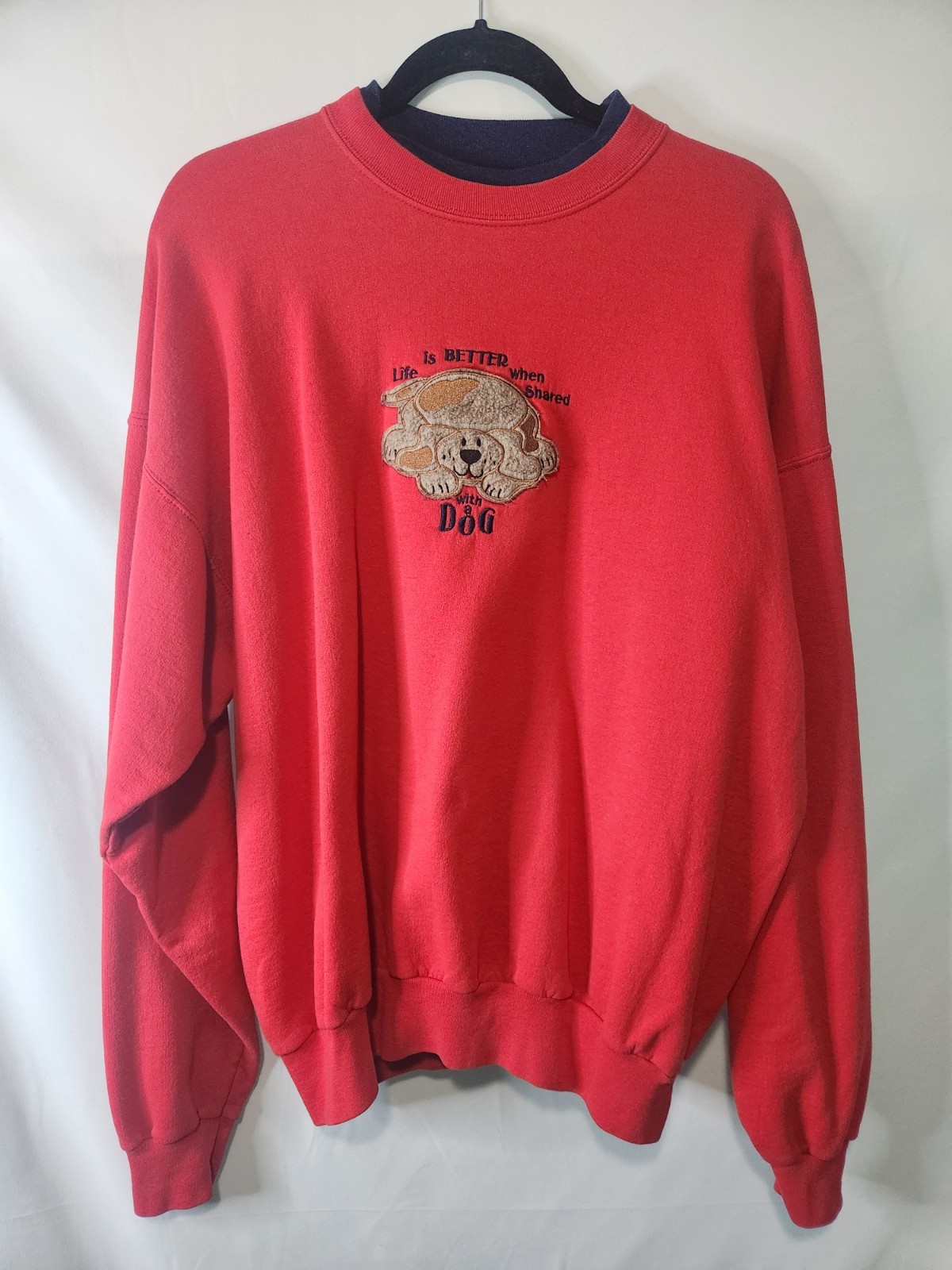 Vintage MC Energy Sportswear Red Life Is Better W/ A Dog Sweater. Size XL.