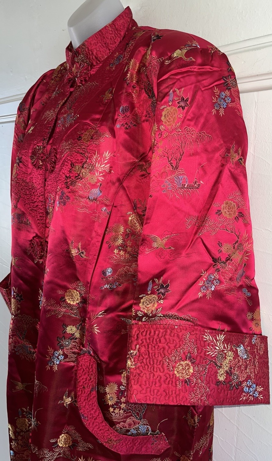 Vtg Solz Squirrel Brand Red Satin Long Chinese Jacket Kimono Robe Frog Knot XL