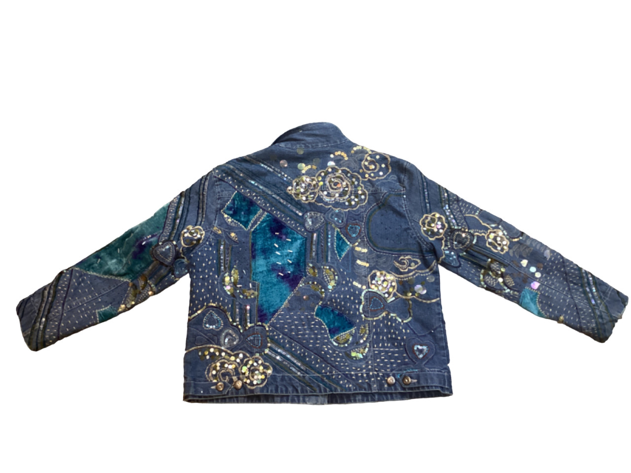 Chico’s Designs Denim Jacket Womens 3 Sequins Embroidery Beaded Boho 80’s Vtg