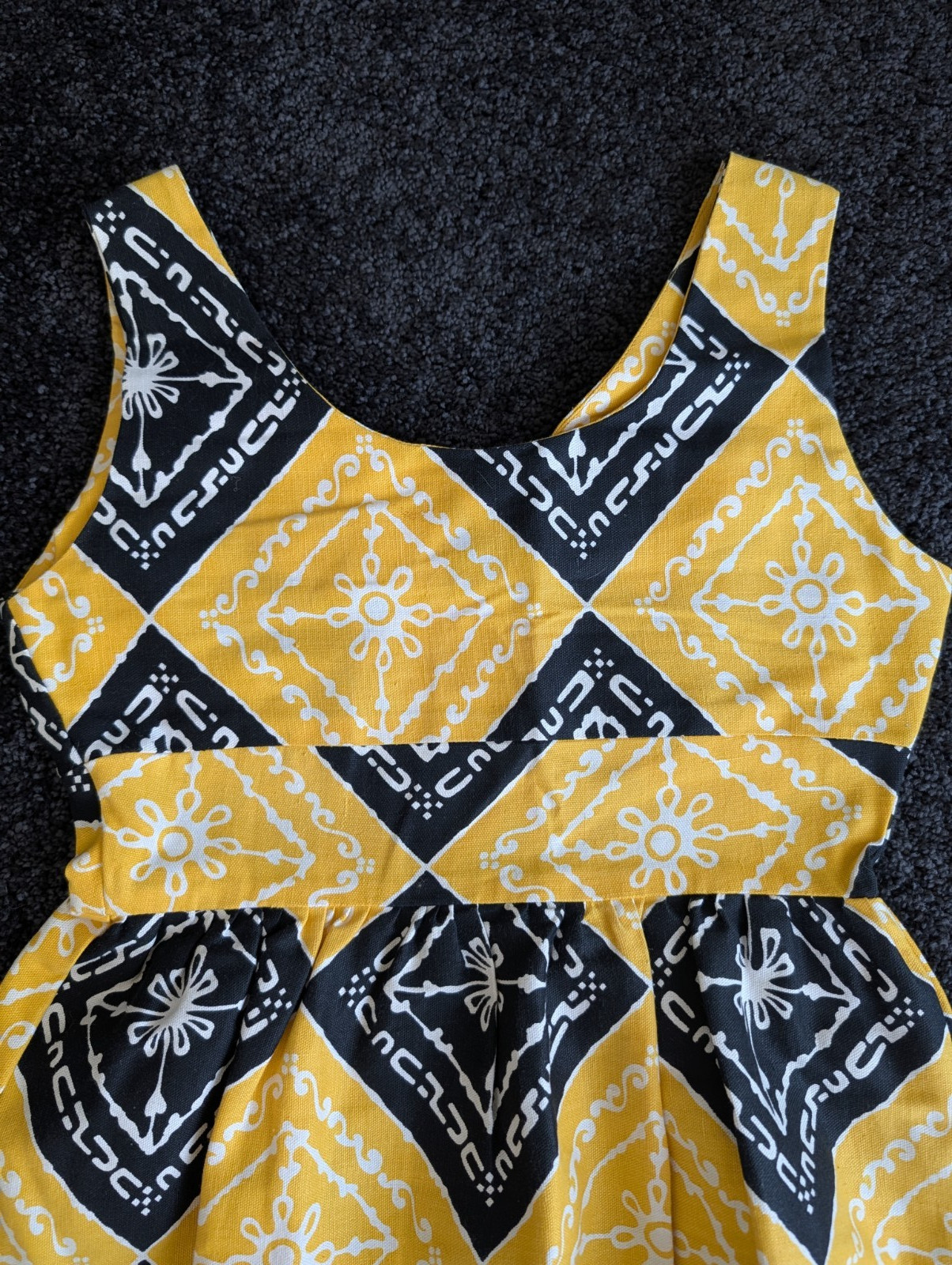 Vtg 70s Malama Hawaii Liberty House Maxi Dress MuuMuu Ylw & Blk Tribal Print XS