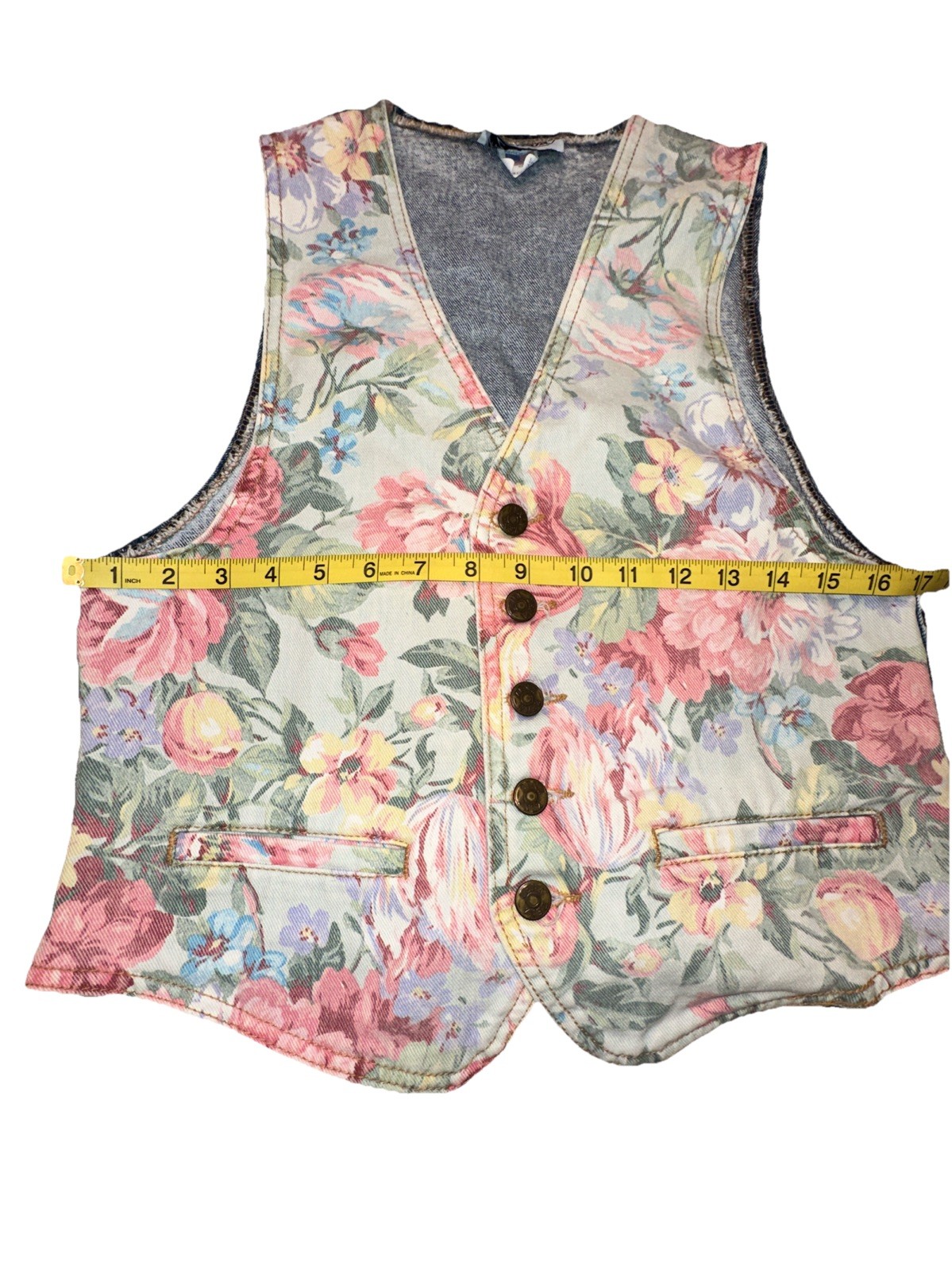Vintage Zena Floral Acid Wash Denim Blue Jean Vest Medium Womens Cottagecore 80s