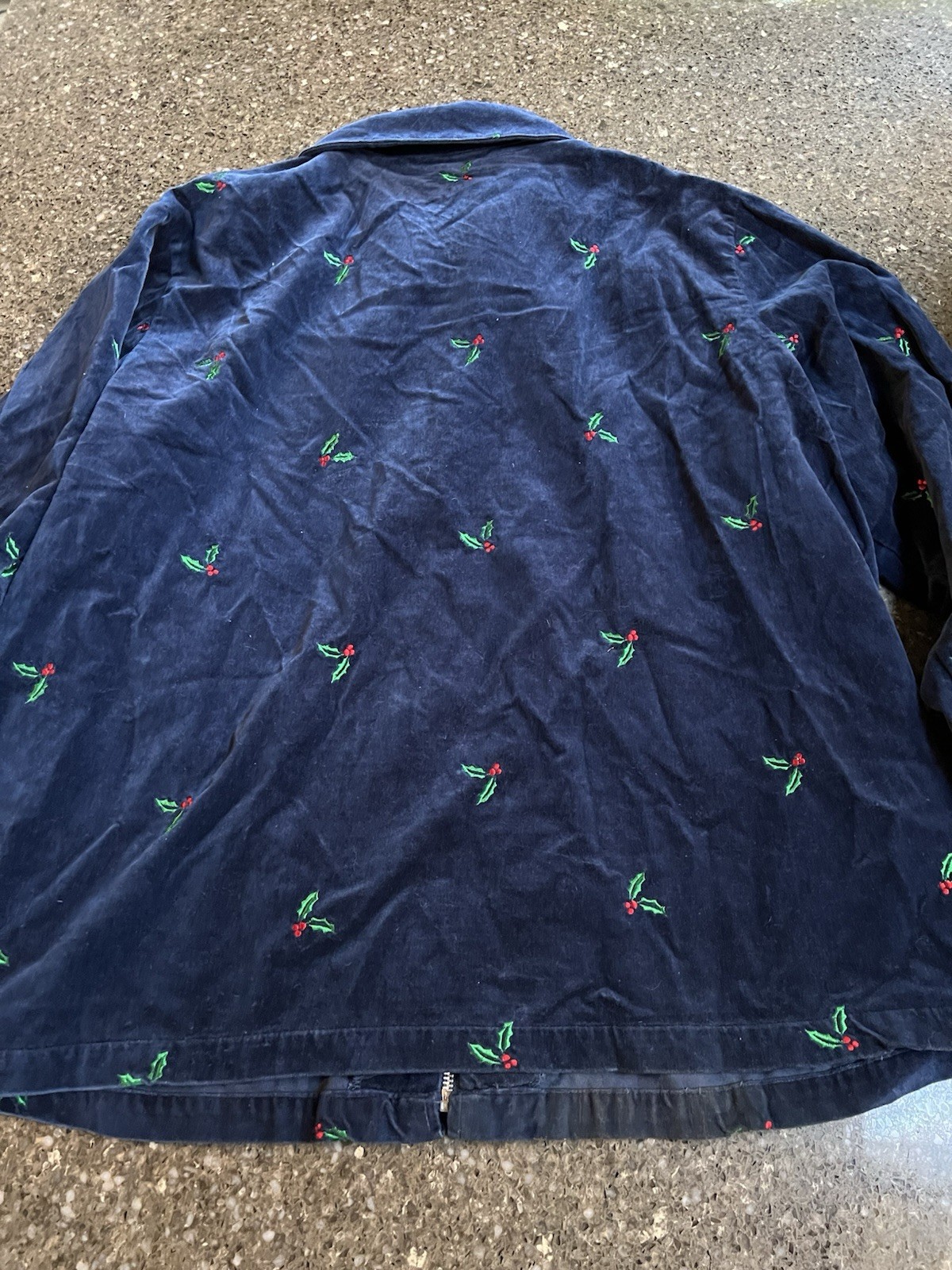 Vintage Embroidered Holly Full Zip Velour Look Shirt 100%Cotton Size 1X Holiday