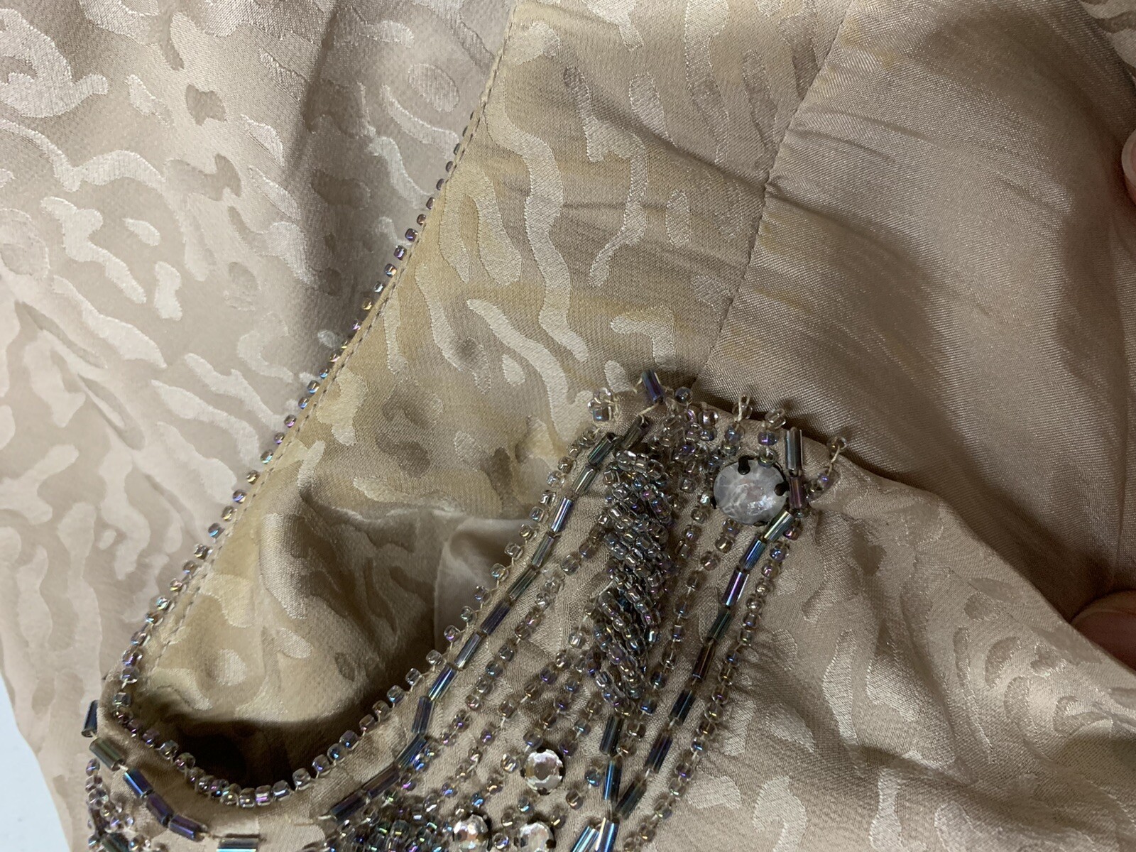 Vintage Heavy Beaded Dynasty Taupe Silk Dress Designer D’ore Animal Print Sz 14