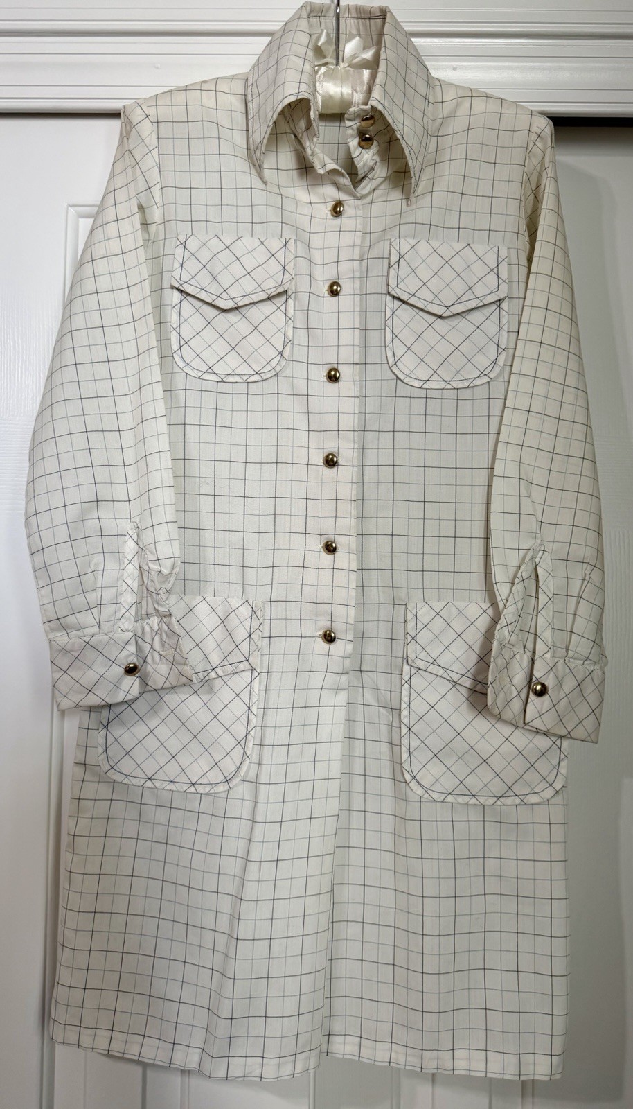 Vintage 1970s Women’s Country Set White & Blue Check Print Shirt Dress