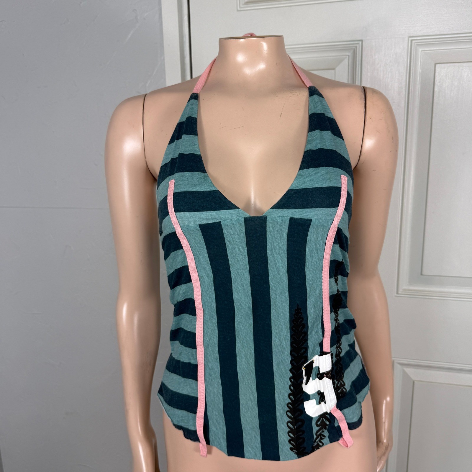 Vintage Y2K 55DSL Shirt XS Halter Tank Top Cotton Knit Stripes Skater CC9