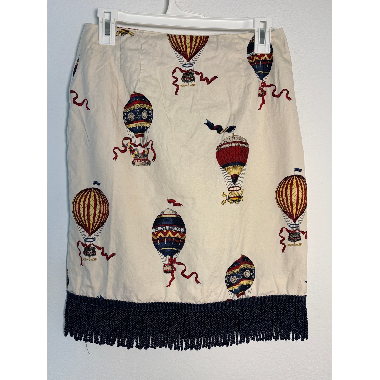 Talbots Petites Vintage Hot Air Balloon Print Fringe Pencil Skirt Cream Navy 6P