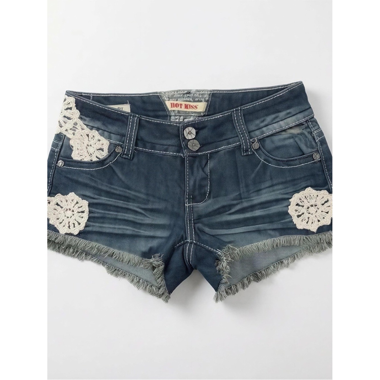 Vintage Y2K Hot Kiss CiCi Juniors Blue Denim Crochet Trim Low Cut Shorts – 0