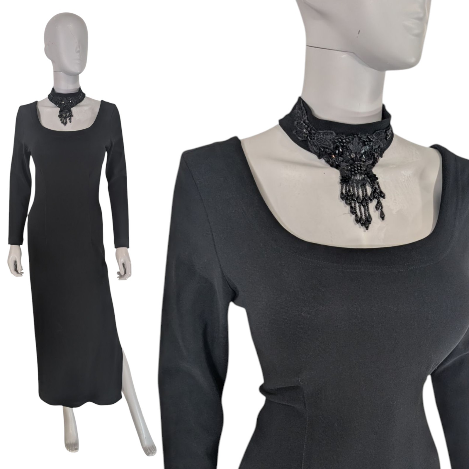 Vtg Y2K Prom Dress M Witch Goth Necklace Black Body Con Victorian Scoop Neck 90s