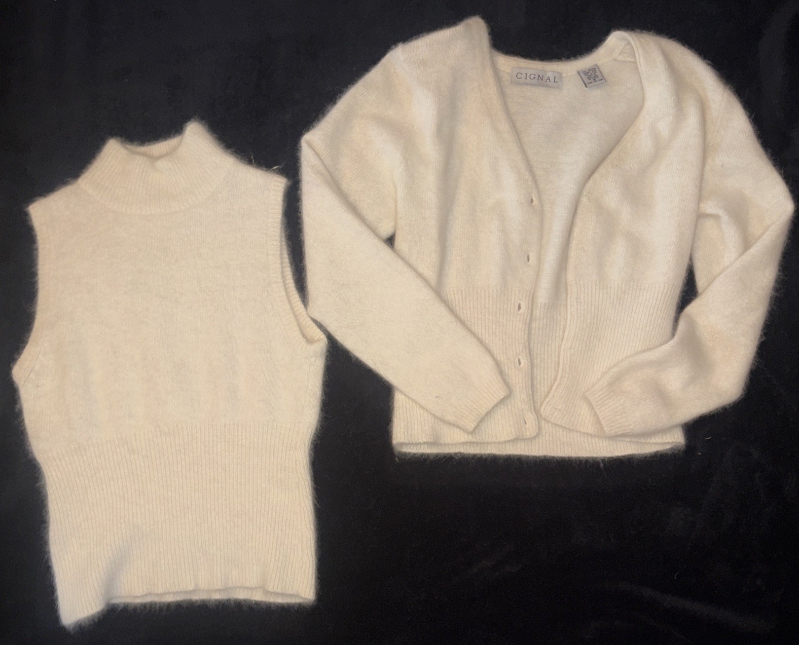 VTG 80s CIGNAL Angora Blend Cardigan & Top Set Made Hong Kong S/M Rabbit Hair