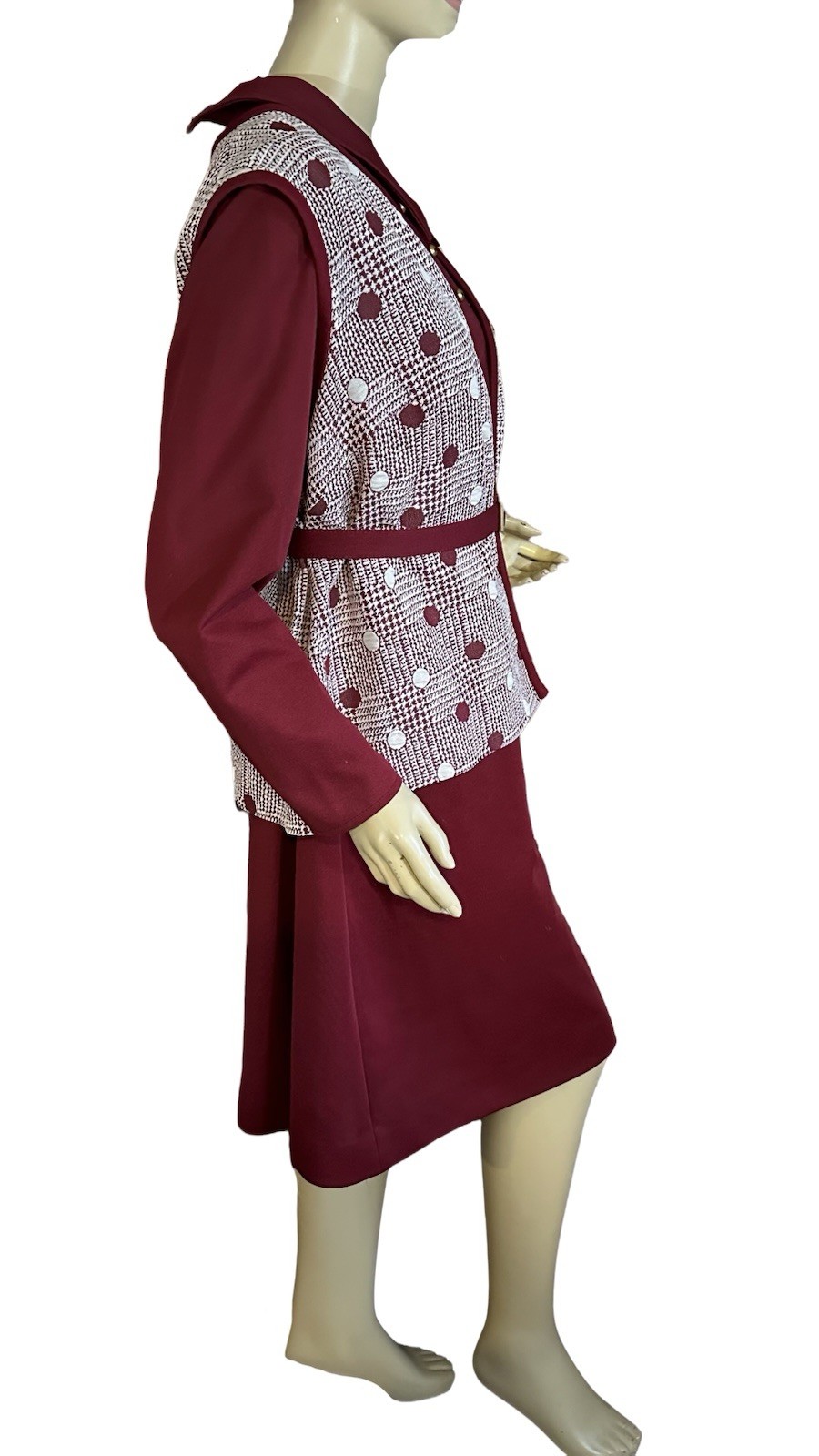 VINTAGE CIRCA 1970’S LADY LAURA BURGUNDY SHIFT DRESS & VEST SET SZ 18