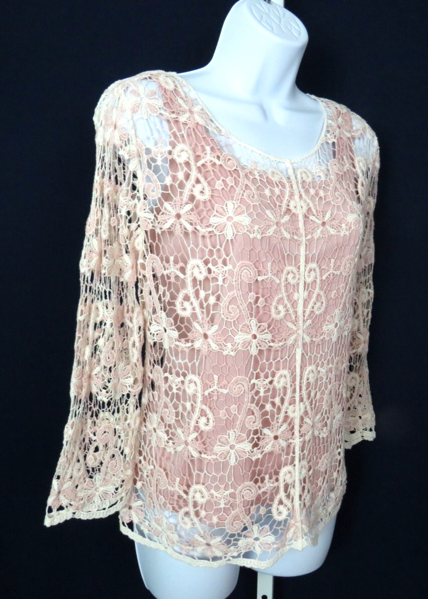 VTG 1980s 90s OSCAR DE LA RENTA ACTIVE FLORAL CROCHETED LACE TOP CREAM MAUVE