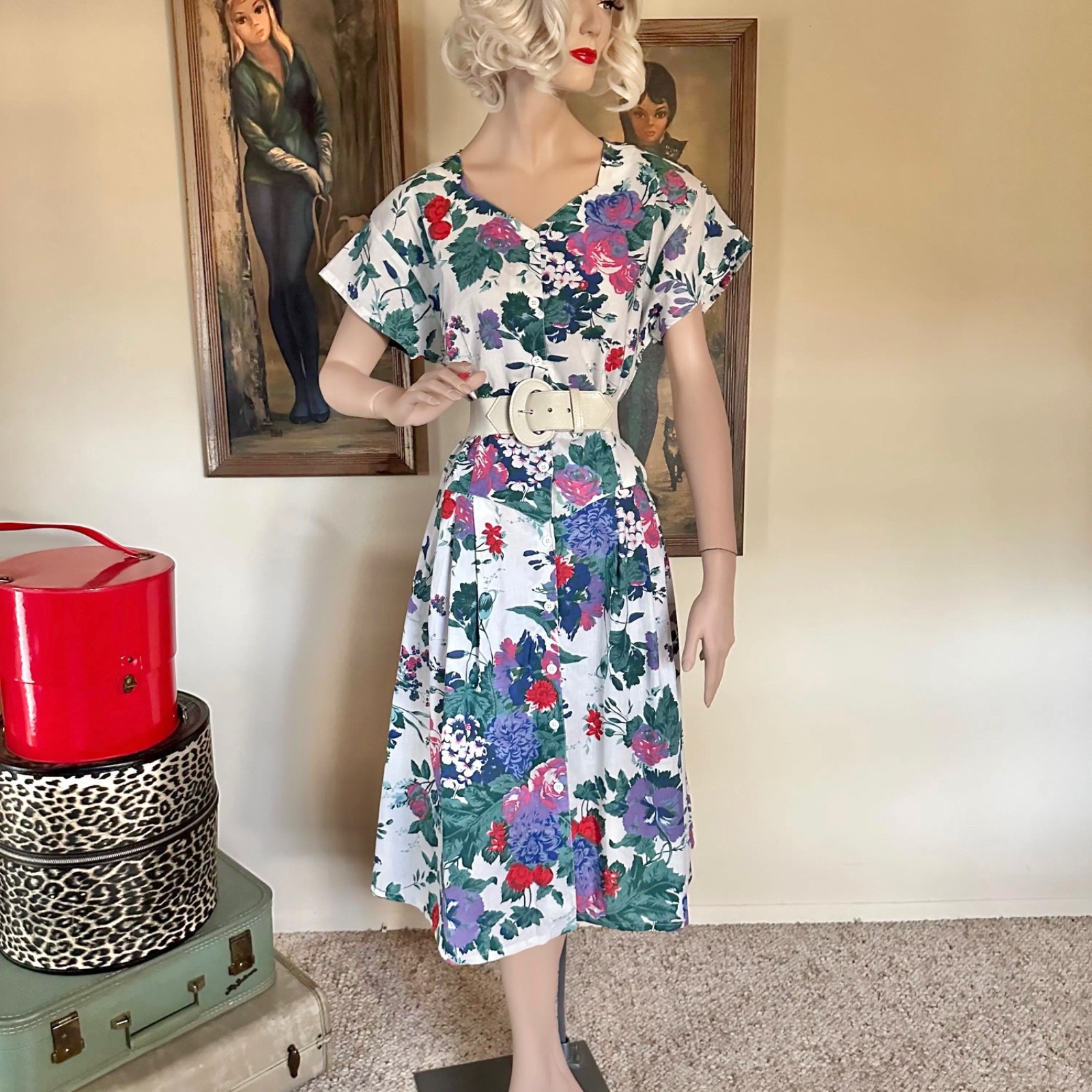 Vintage 1980s Floral Midi Day Dress Full Skirt Shirtwaist Sundress L Volup