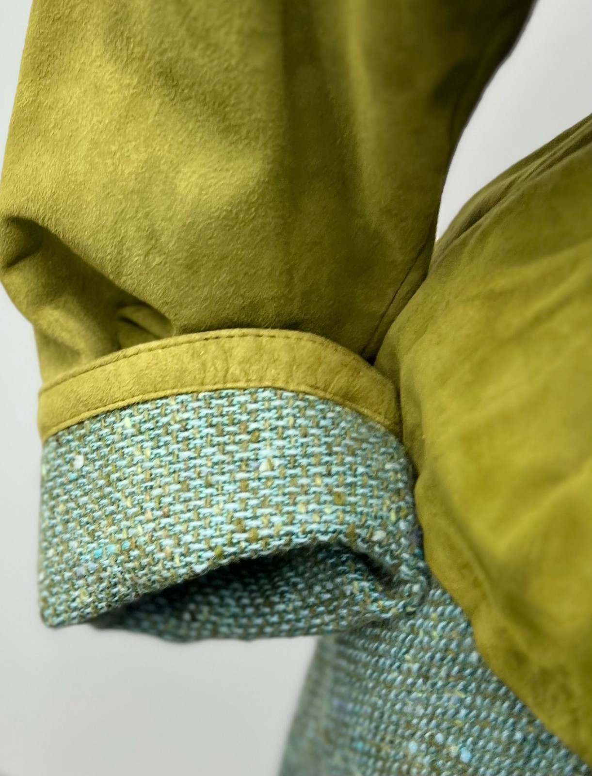 1960s VTG Leathervane Bonnie Cashin Designs 2pc Suit Pea Green Suede & Turq Wool