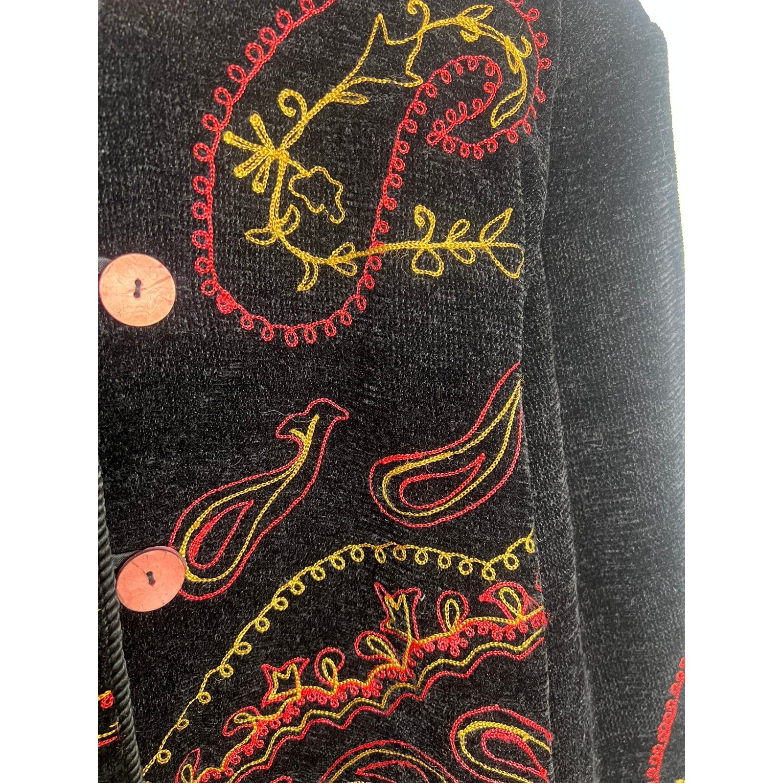 VTG Alex Kim Black Chenille Embroidered Paisley Jacket Wm XL Eclectic Funky Boho
