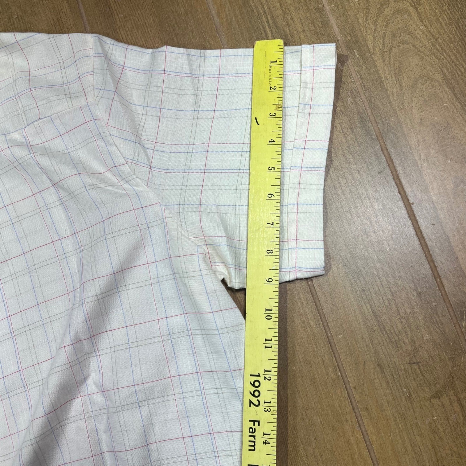 Maggie Sweet Vintage Plaid Button Down Shirt Banded Hem Cream Made in USA