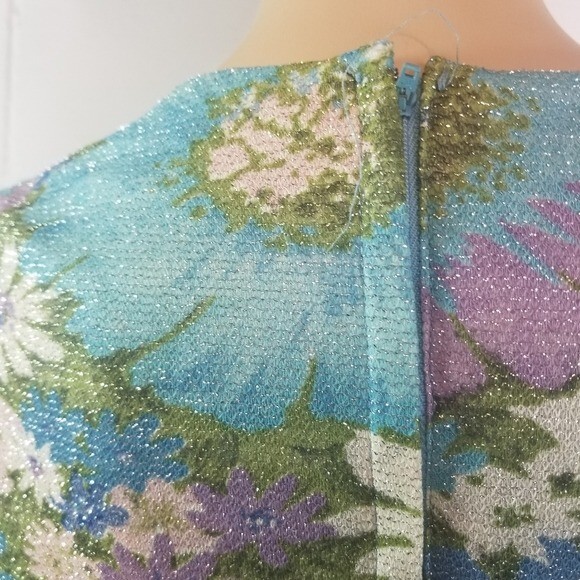 Vtg 70s floral lurex metallic sheer sleeve chiffon hostess formal maxi dress