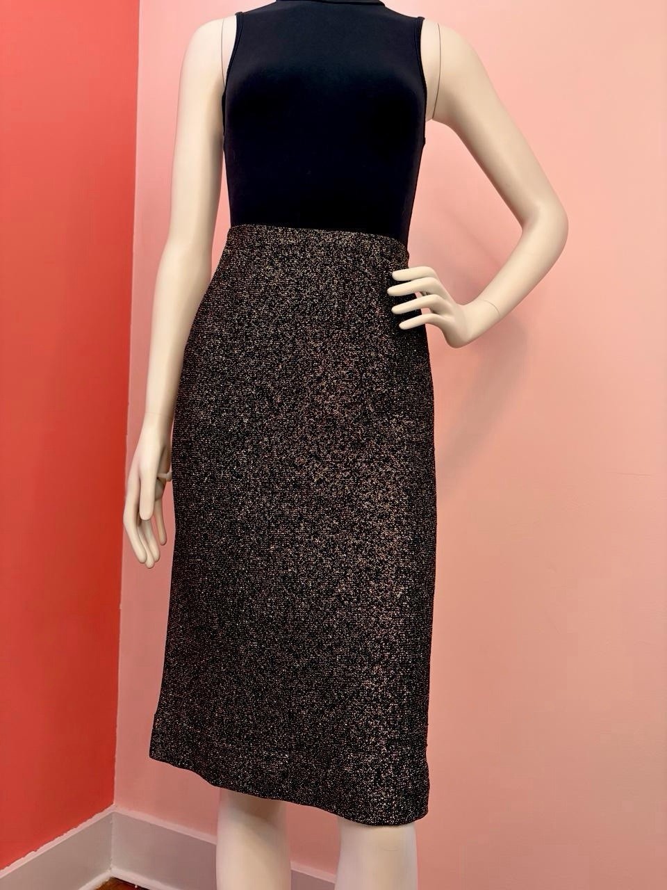 VTG 80s Halston III Metallic Knit Pencil midi Skirt Black/Gold Stretch disco M