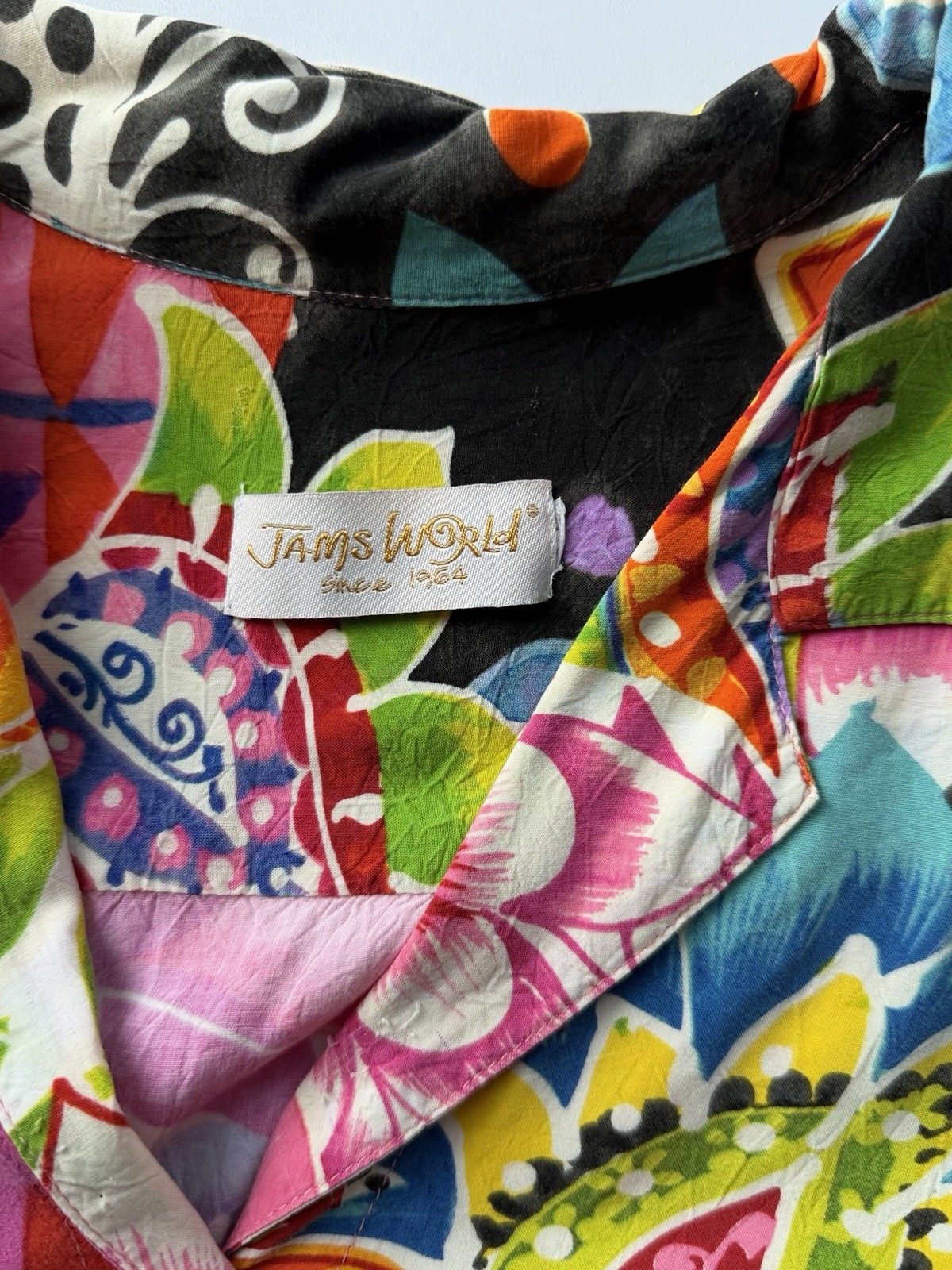 Vtg 80’s Jam’s World Hawaiian Floral Button Up Shirt Size L/XL Collar Bright