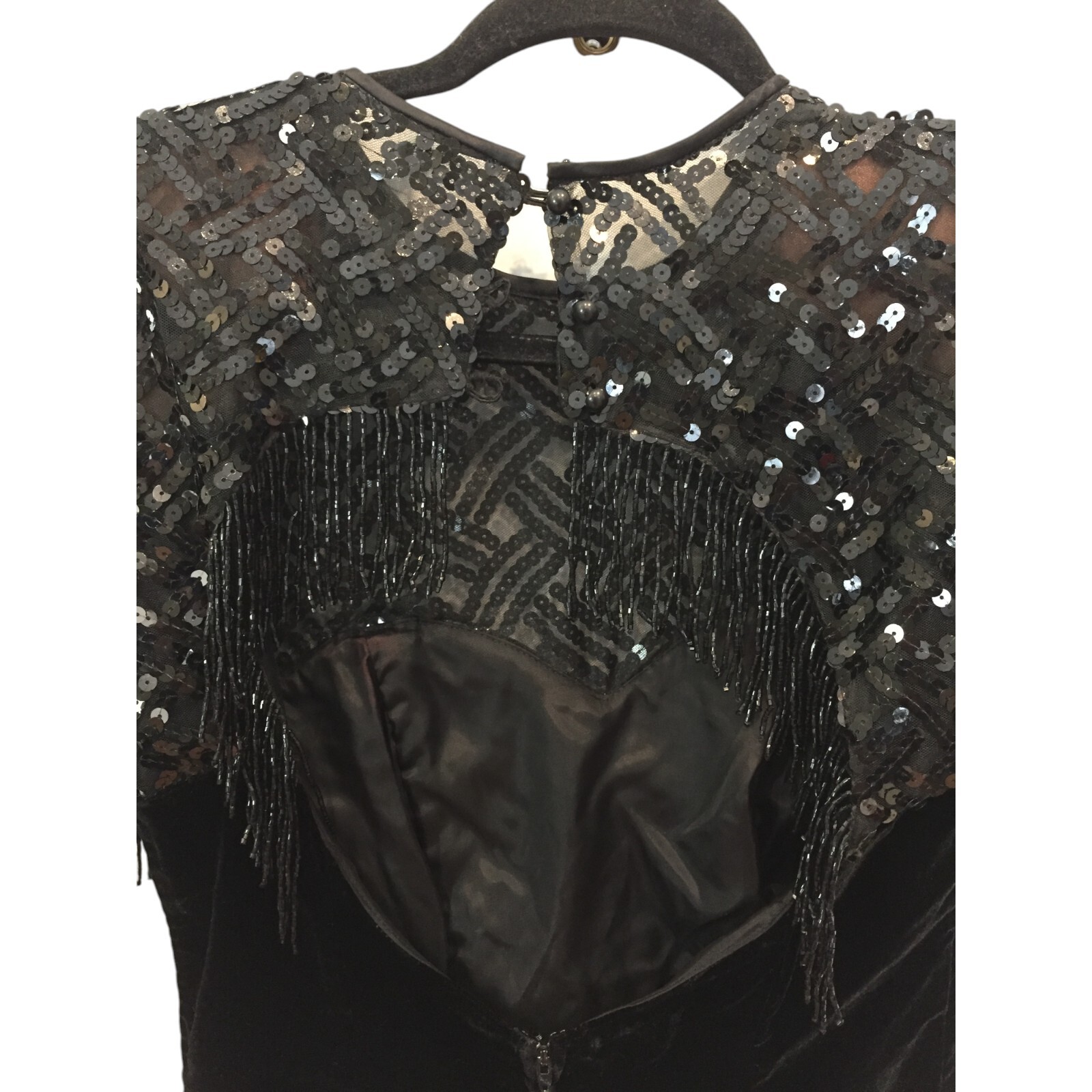 Niki Originals Black Slit Velvet Sequins Beaded Fringe Dress Womens 8 Crew Neck