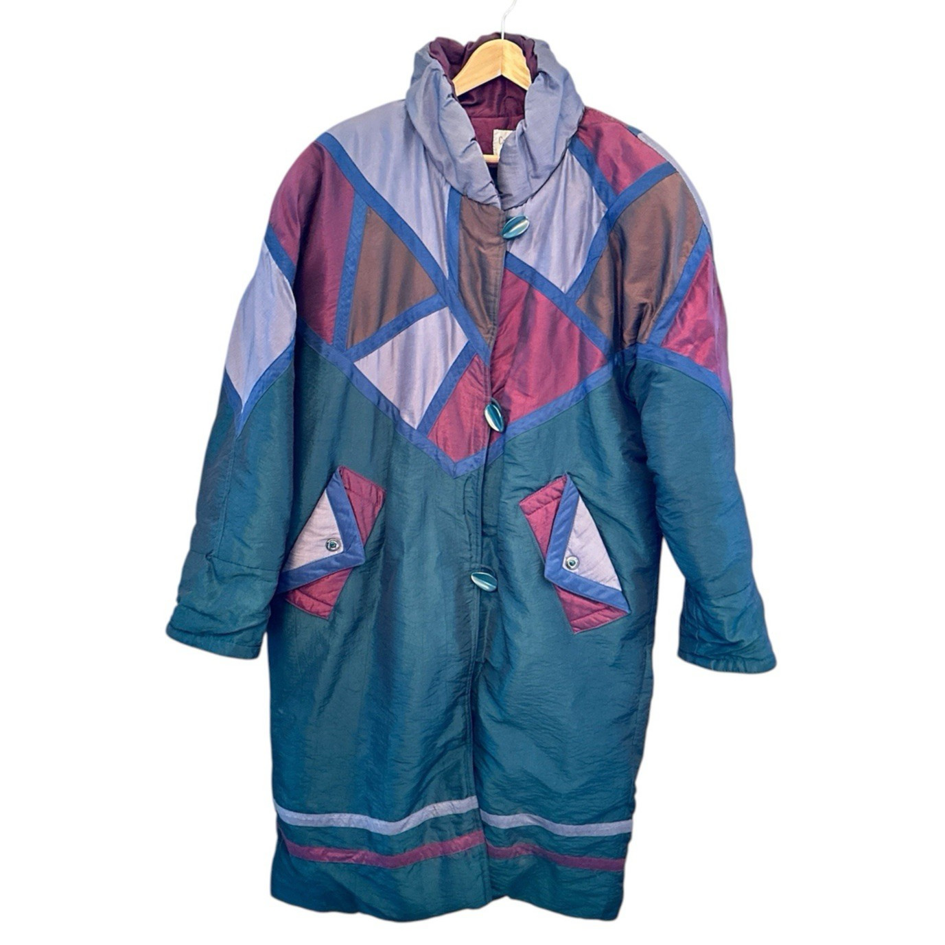 Vtg 90s Full Length Puffy Coat Cambridge Hunter Green Burgundy Sz L Korea Womens