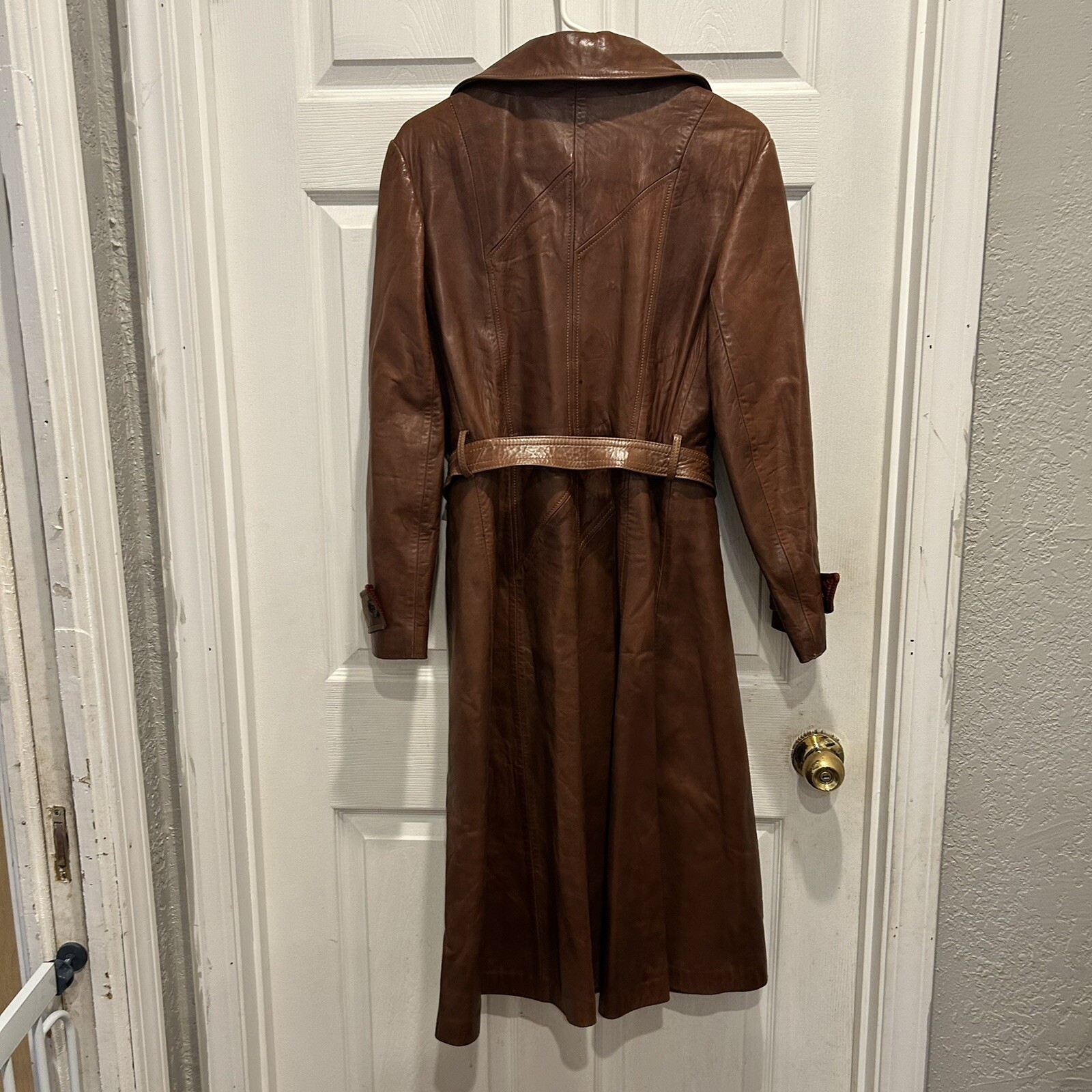 Skin Gear Belted Leather Trench Coat Jacket Womens M Vintage 70s Brown Lambskin